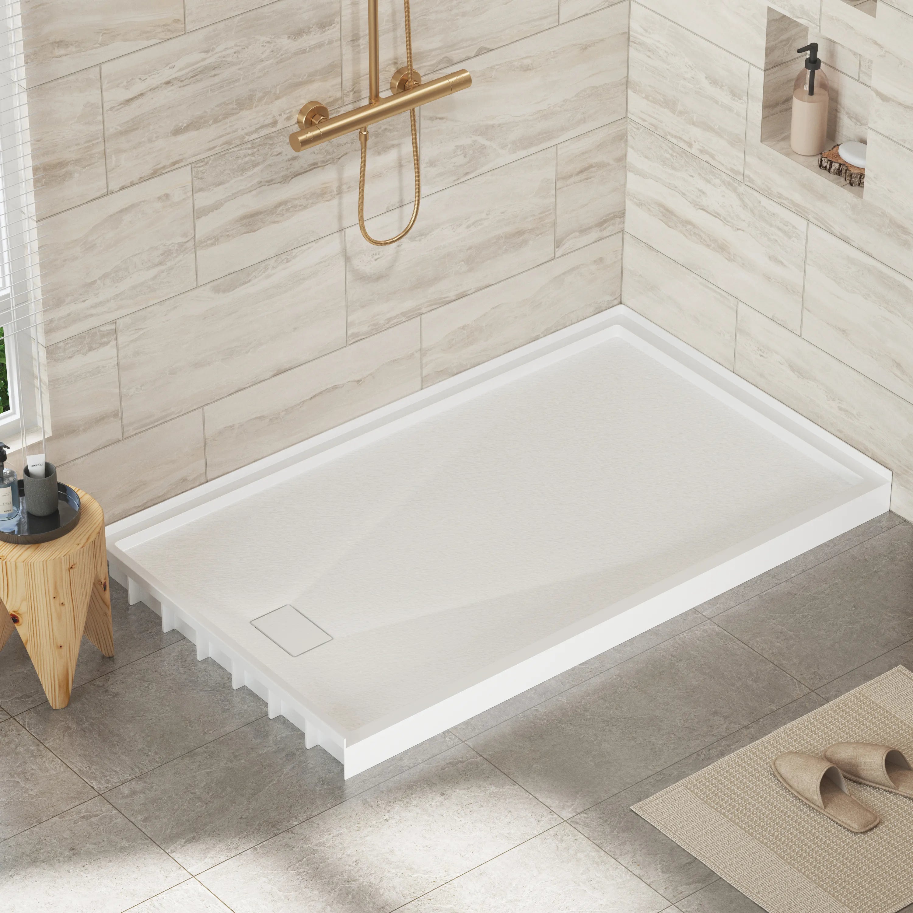 48"/60"x30"-36" White SMC Shower Base with Flamed Rock Slip-Resistant Surface, Left/Right Drain