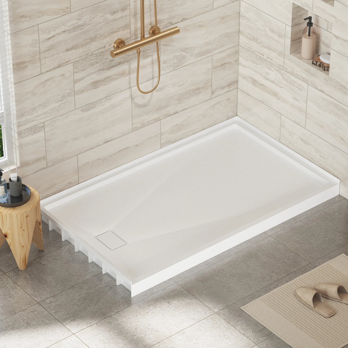 48"/60"x30"-36" White SMC Shower Base with Flamed Rock Slip-Resistant Surface, Left/Right Drain