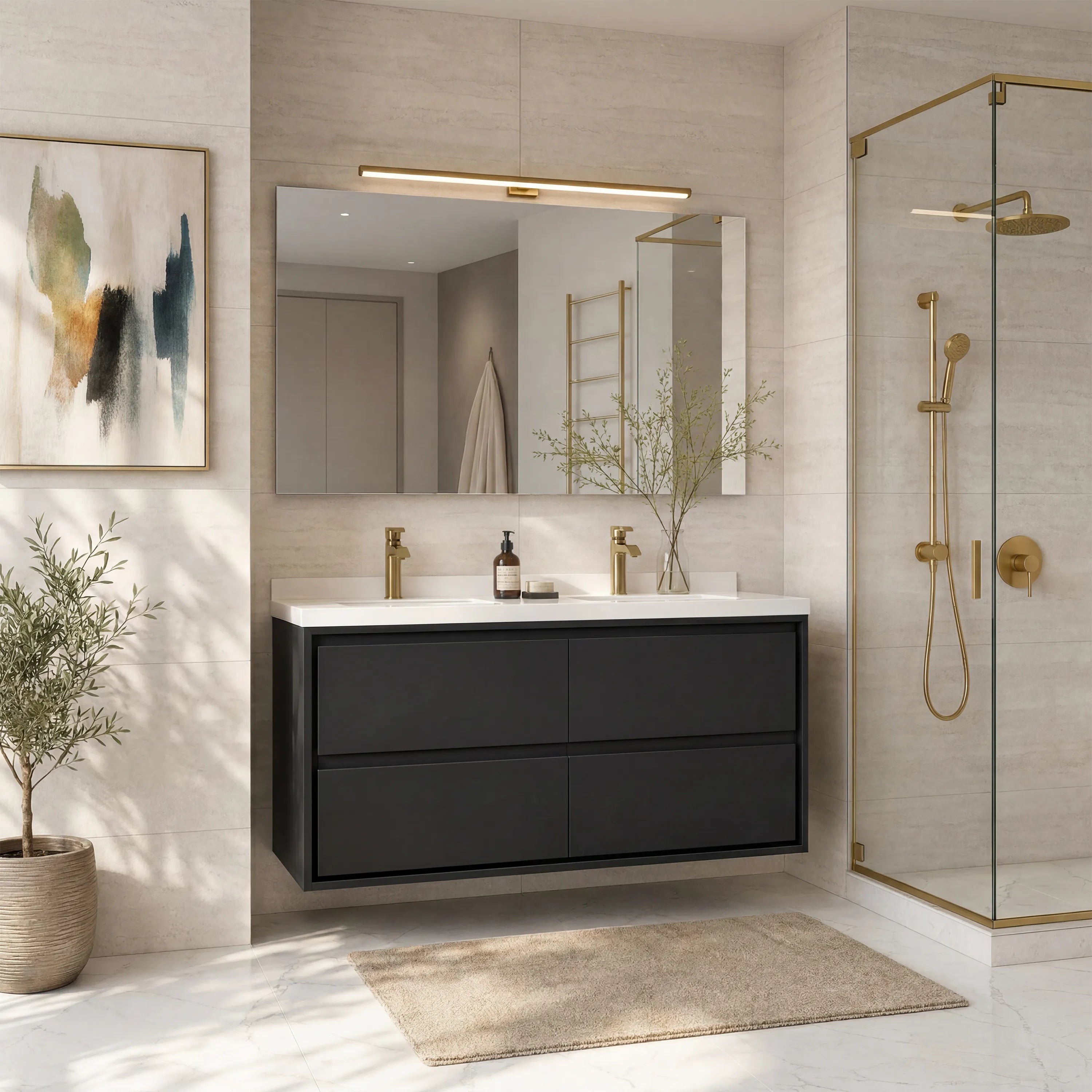 48" Matte Black Wall-mount Bathroom Vanity with Double Sink & Marble Top