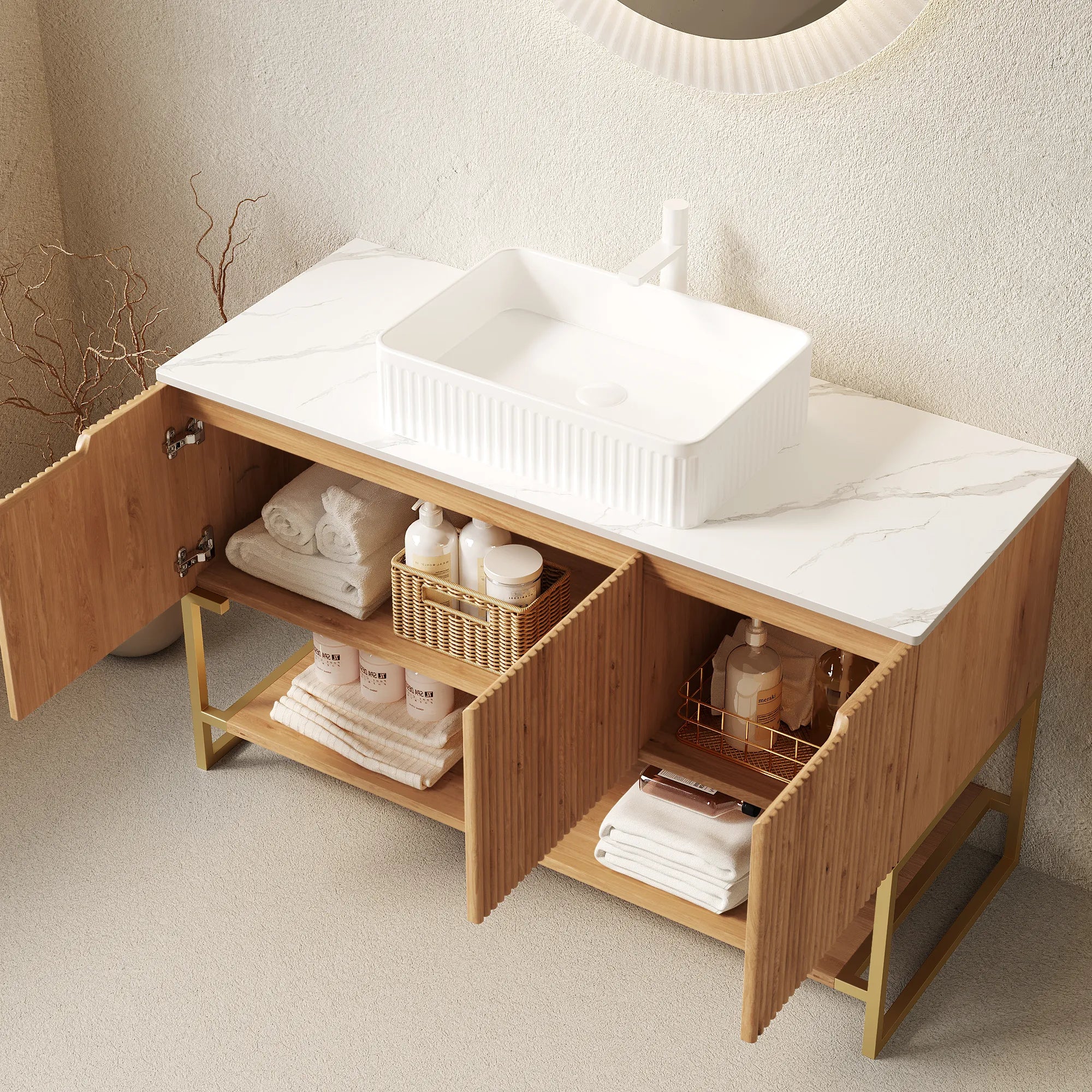 48" Woodgrain Freestanding Bathroom Vanity with White Ceramic Vessel Sink and Carrara White Sintered Stone Top