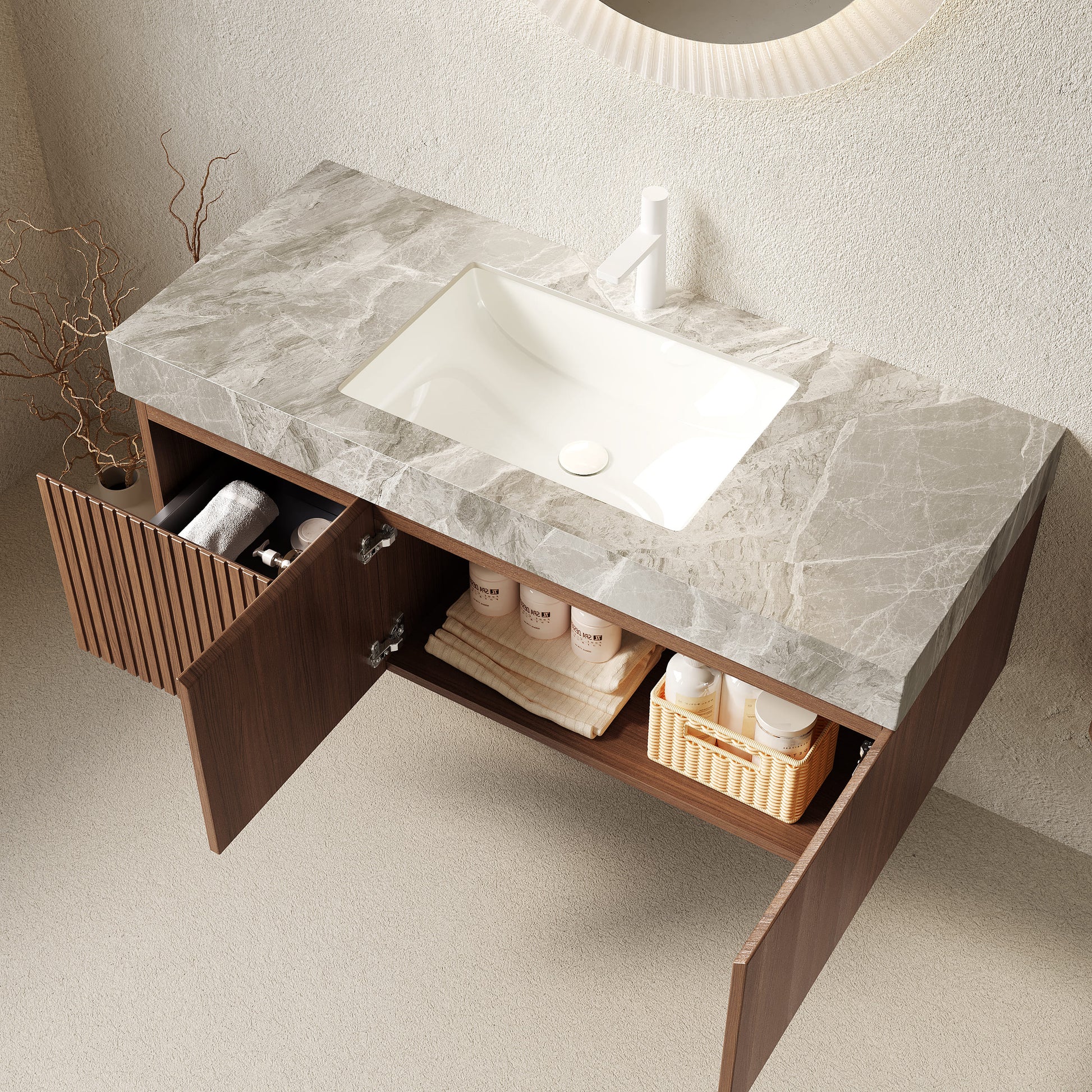 48 in. Floating Bathroom Vanity with Drawer and Doors, Sintered Stone Top and Ceramic Undermount Sink, Brown Oak or White Oak Woodgrain