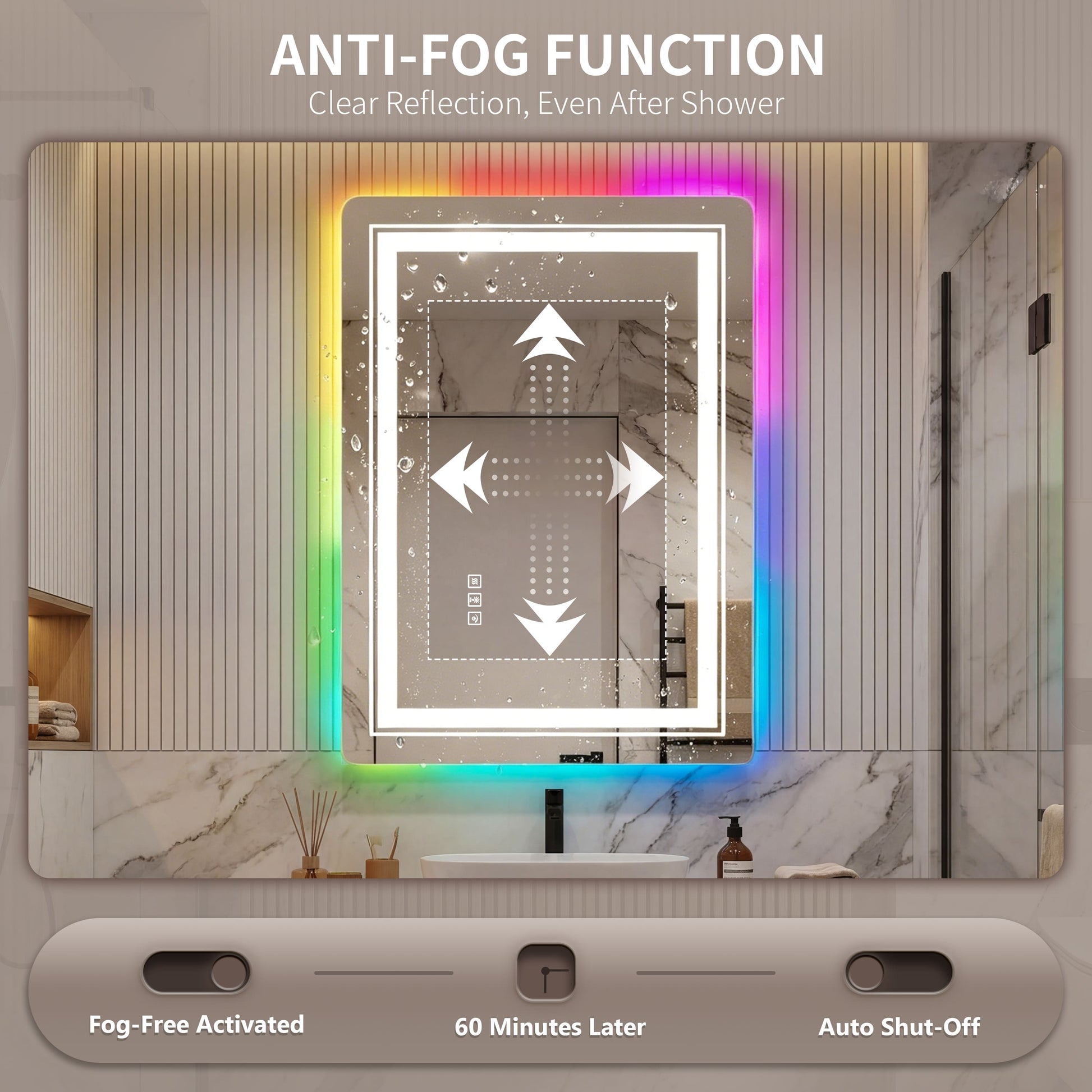 RGB Smart Control Backlit Bathroom Mirror with Dimmable Touch, Anti Fog