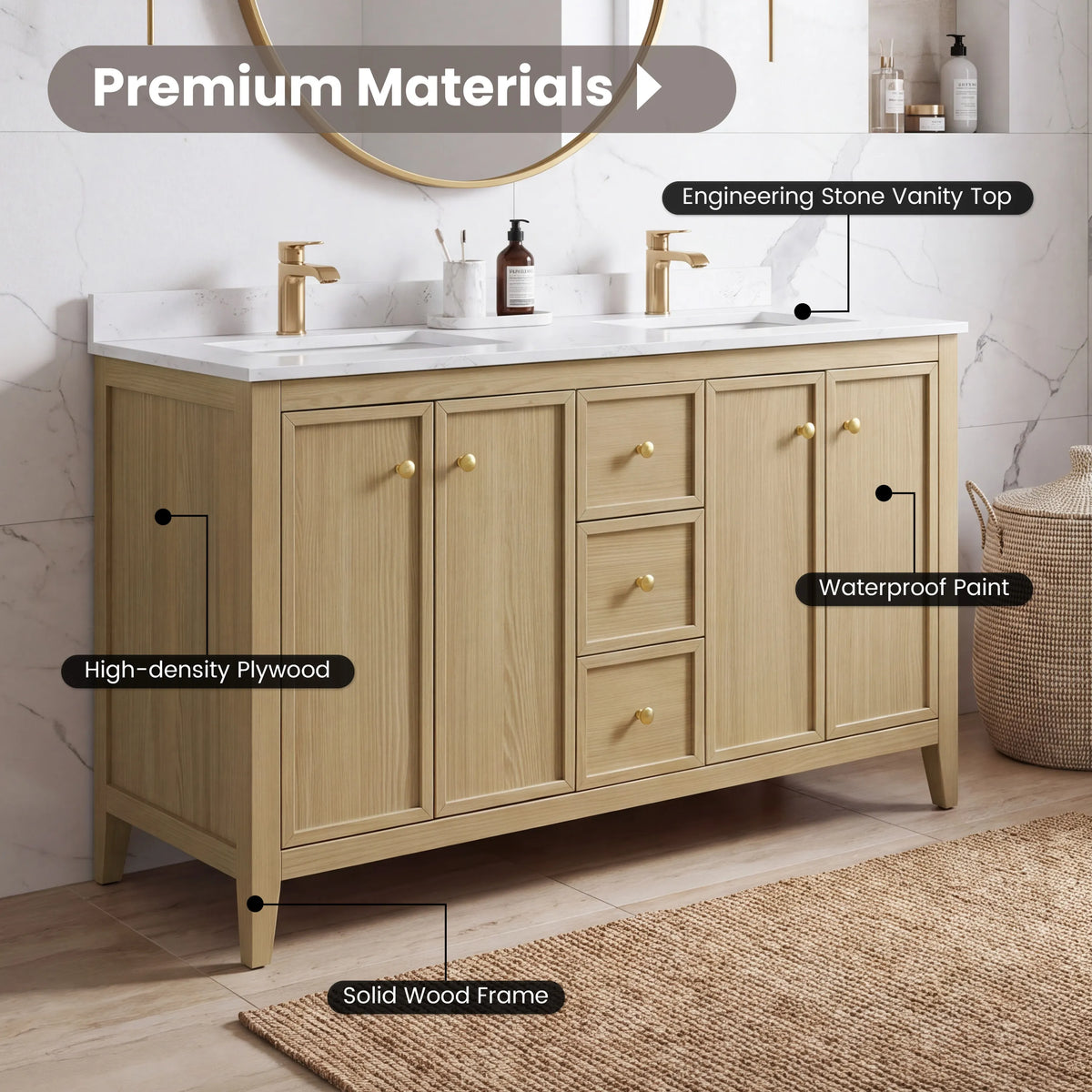54" Light Oak Freestanding Bathroom Vanity with Double Sink & Marble Top