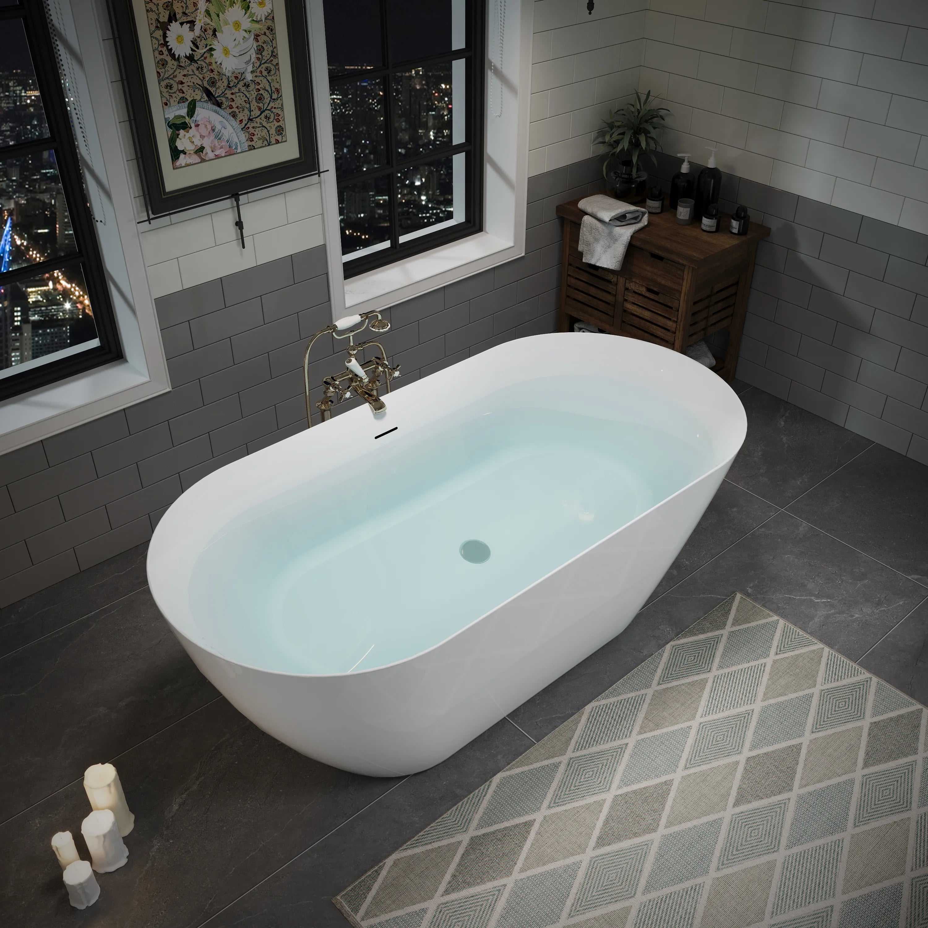 55"/59"/63" Glossy White Acrylic Freestanding Oval Soaking Bathtub with Center Pop-Up Drain and Integrated Overflow