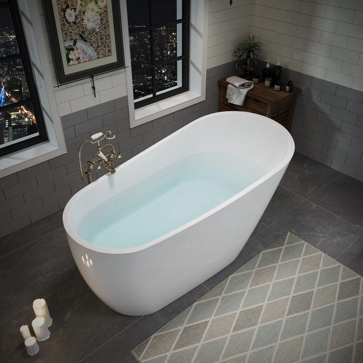 55"/59"/63" Glossy White Acrylic Freestanding Soaking Bathtub with Slipper design