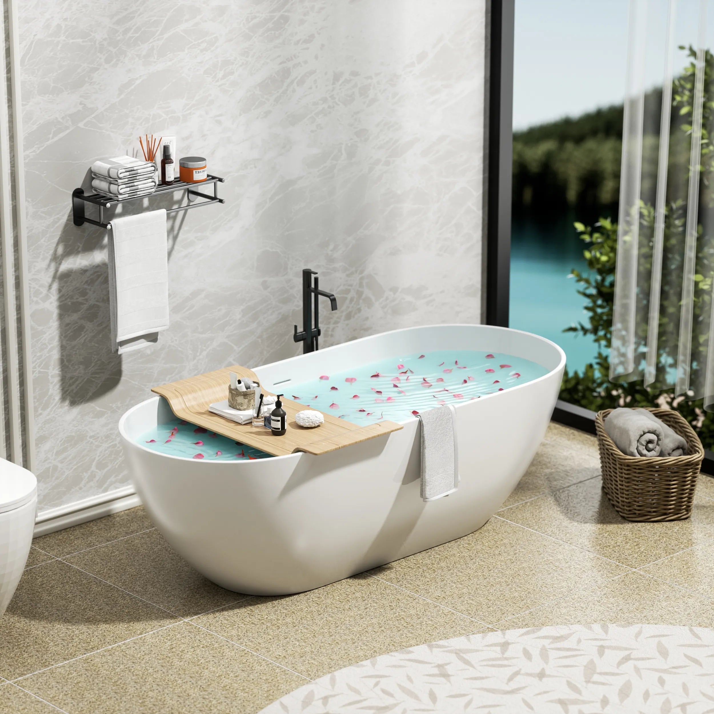 59"/63"/69" Modern Stone Resin Freestanding Soaking Tub with Spa-Level Comfort