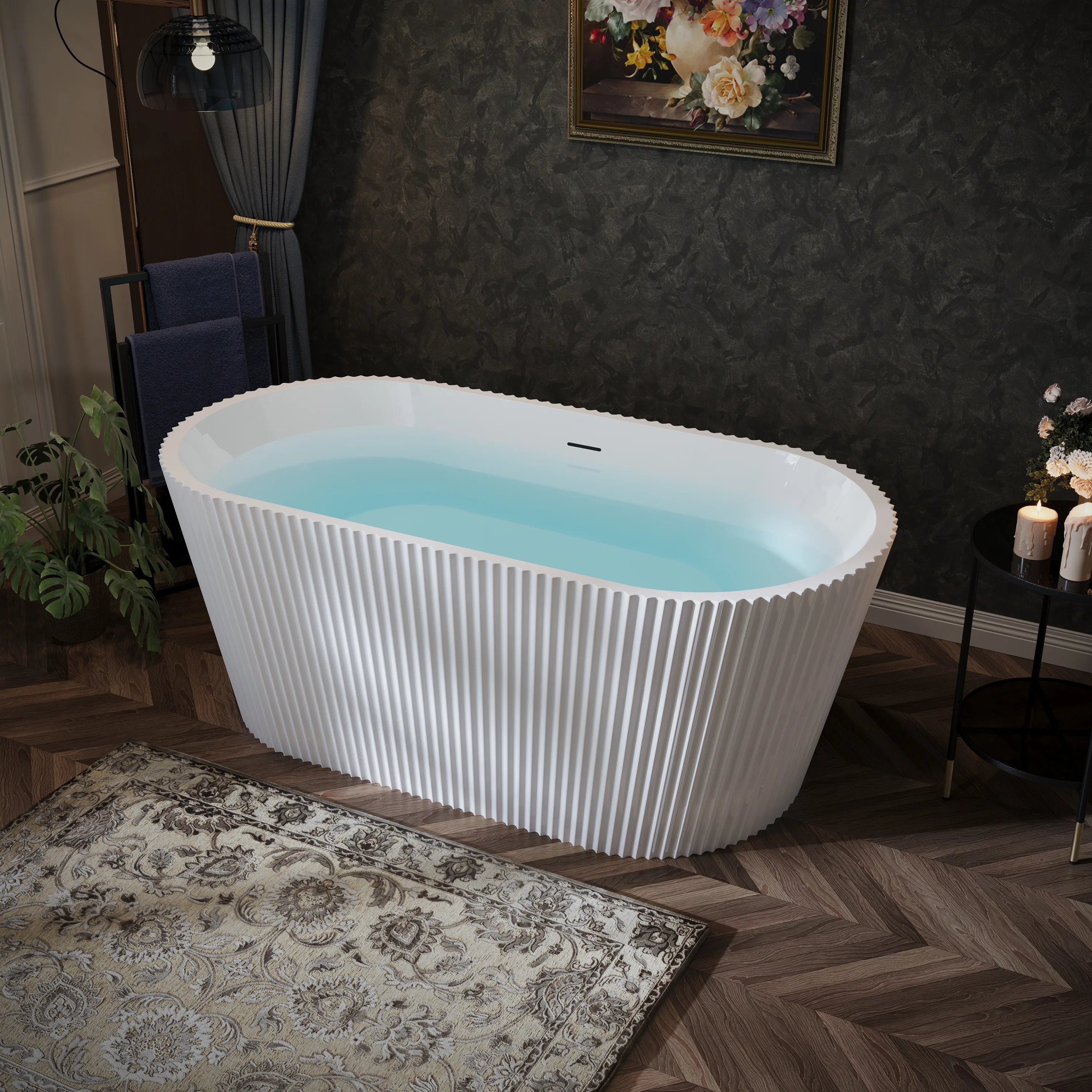 59"/67" Gloss White Acrylic Freestanding Bathtub with Fluted Oval Design