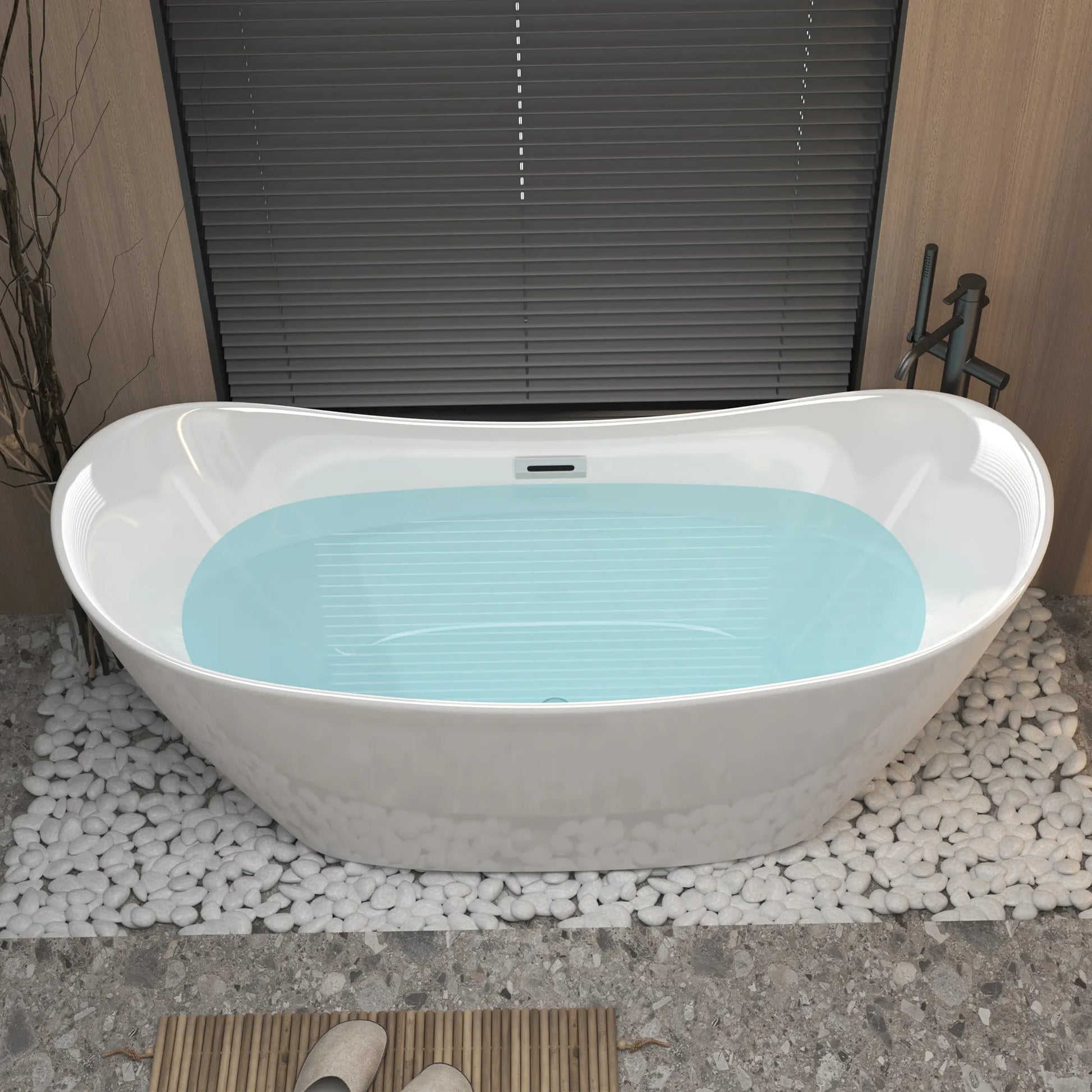 59" Gloss White Acrylic Double-Slipper Freestanding Bathtub with Chrome Overflow and Pop-Up Drain