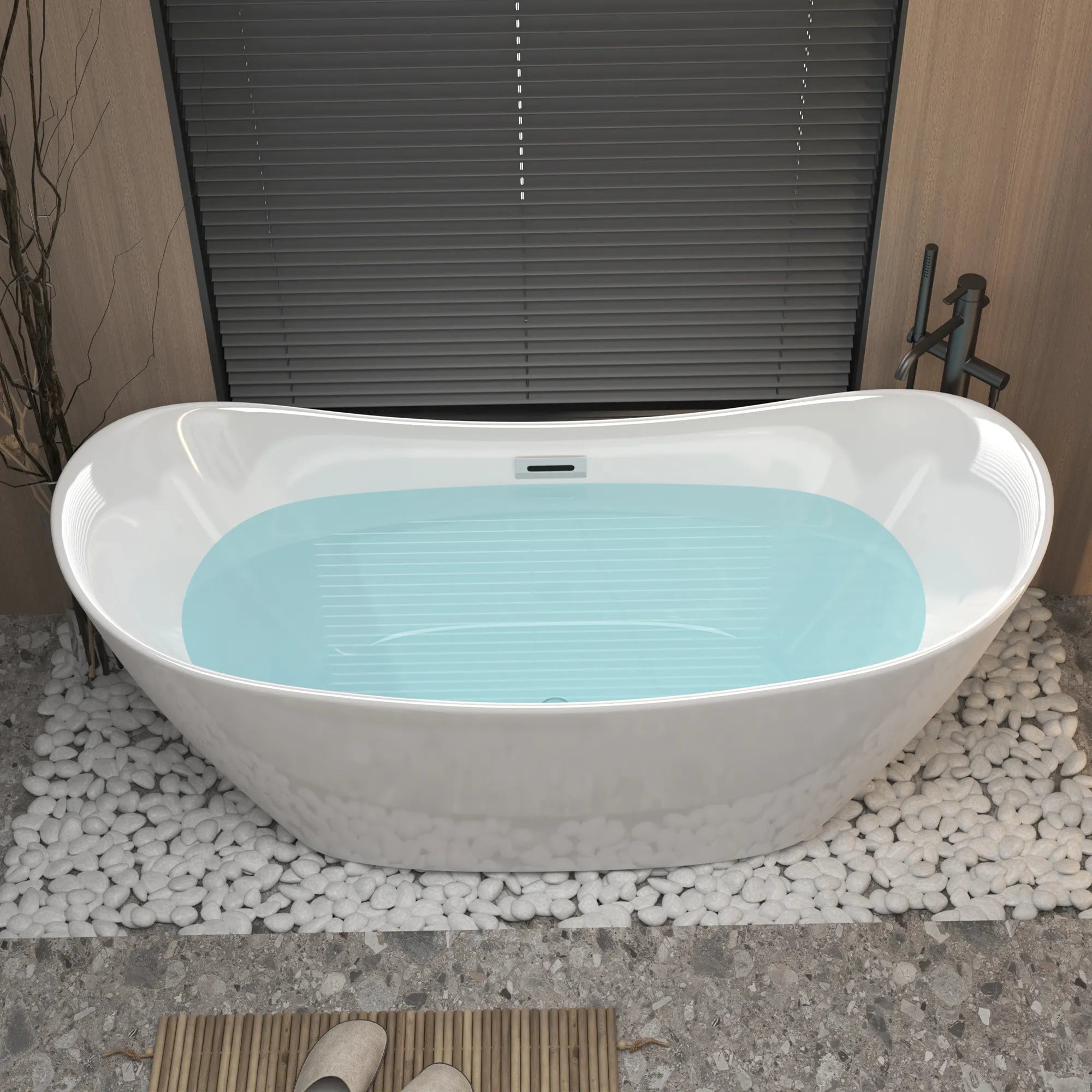 59" Gloss White Acrylic Double-Slipper Freestanding Bathtub with Chrome Overflow and Pop-Up Drain