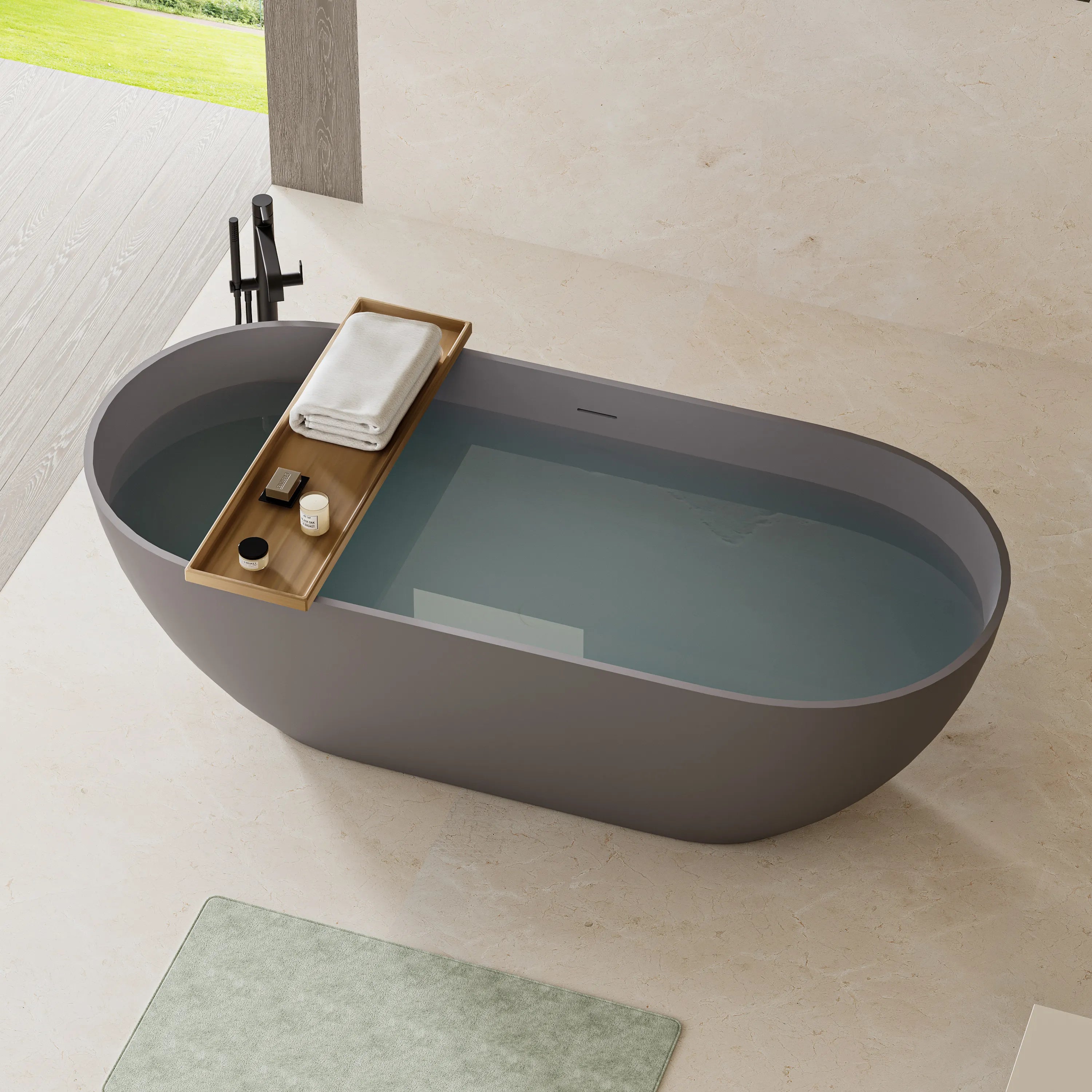 59" Matte Gray Solid Surface Freestanding Soaking Bathtub with Overflow & Pop-Up Drain