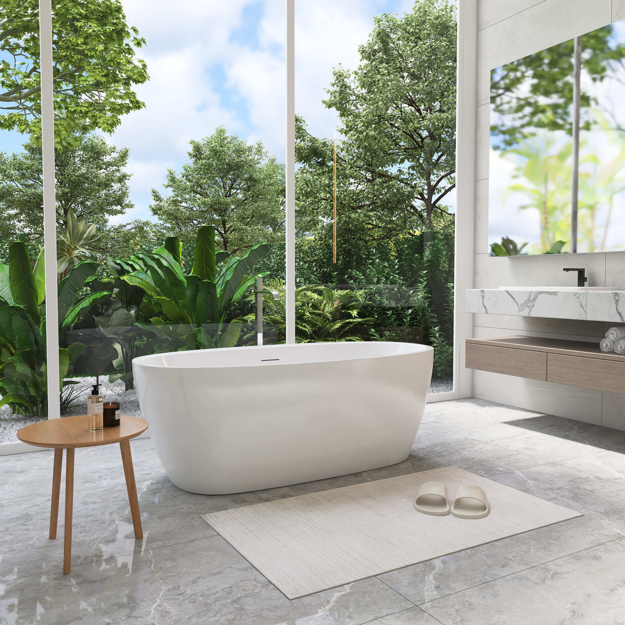 59 in./67 in. Glossy White Acrylic Freestanding Soaking Bathtub with Faucet Deck, Overflow and Adjustable Feet
