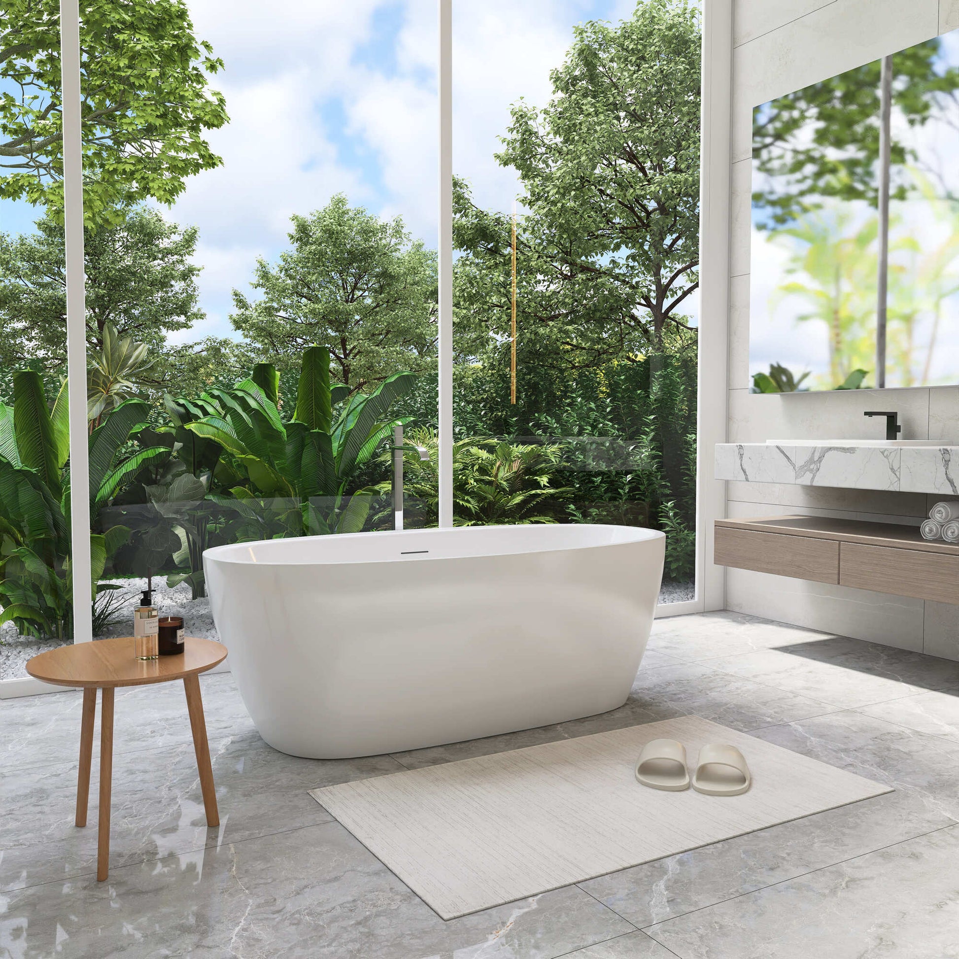 59 in./67 in. Glossy White Acrylic Freestanding Soaking Bathtub with Faucet Deck, Overflow and Adjustable Feet