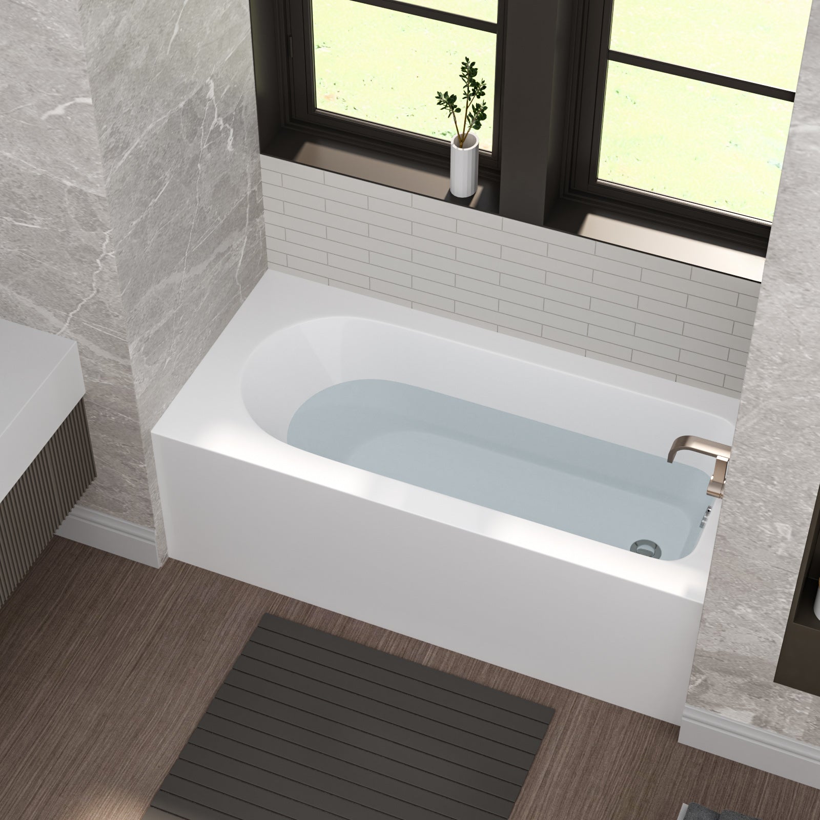 59 in. Glossy White Acrylic Alcove Soaking Bathtub with Integrated Skirt, Chrome Twist Drain and Overflow