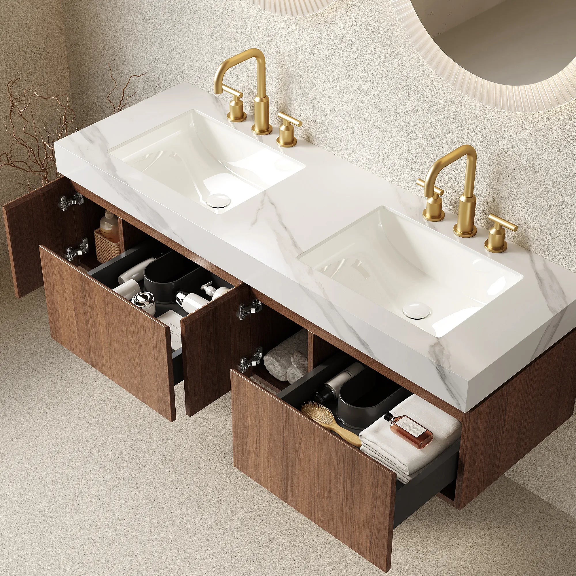 60" Brown Oak Floating Bathroom Vanity with Carrara White Sintered Stone Top and Double Ceramic Sinks