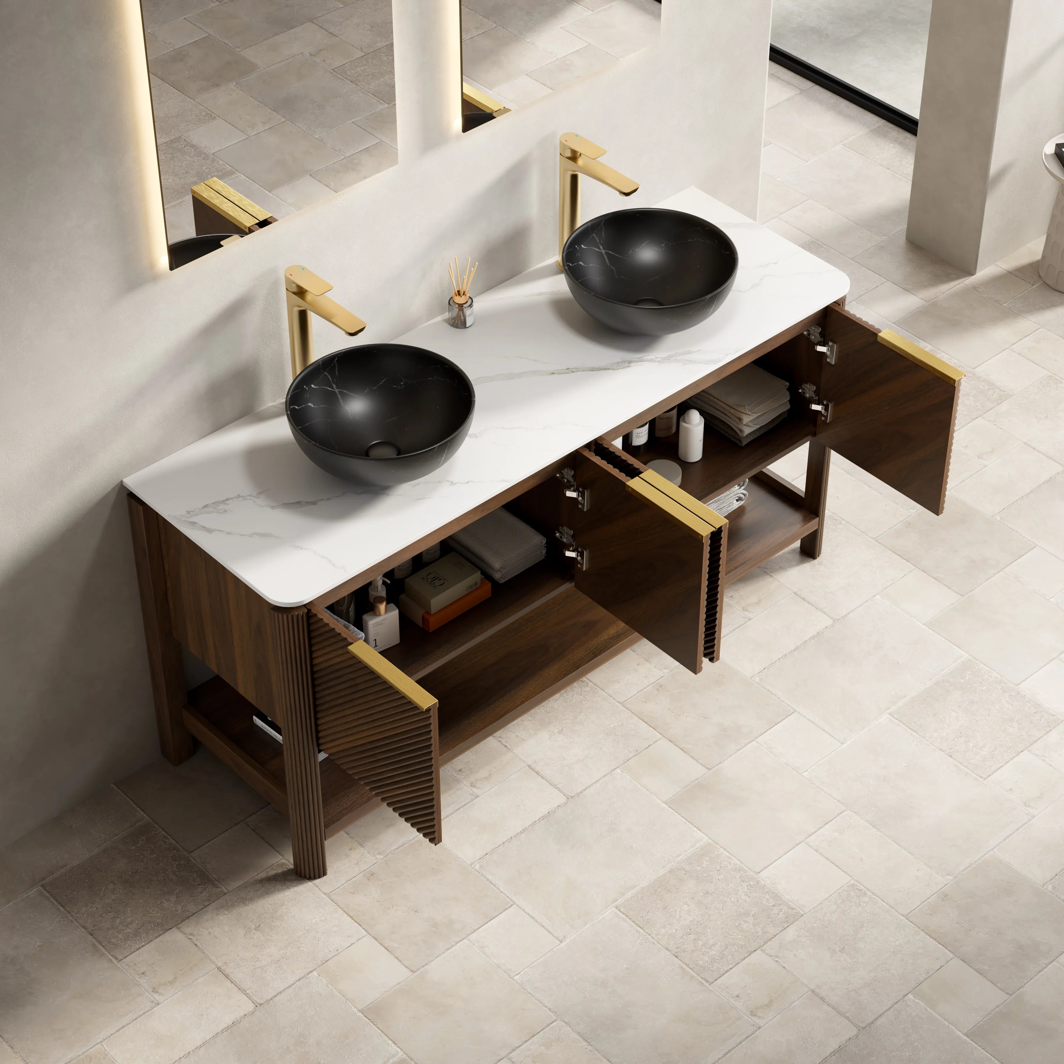 60" Dark Walnut Freestanding Bathroom Vanity with Double Black Stone-Pattern Vessel Sinks and Carrara White Sintered Stone Top