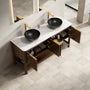 60" Dark Walnut Freestanding Bathroom Vanity with Double Black Stone-Pattern Vessel Sinks and Carrara White Sintered Stone Top