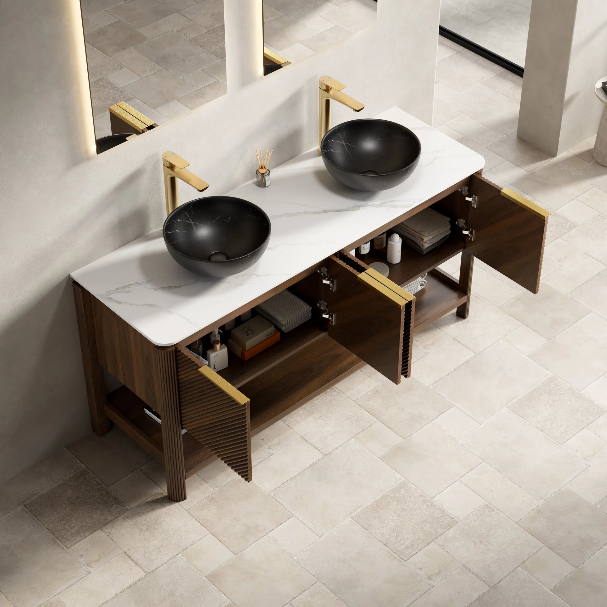 60" Dark Walnut Freestanding Bathroom Vanity with Double Black Stone-Pattern Vessel Sinks and Carrara White Sintered Stone Top
