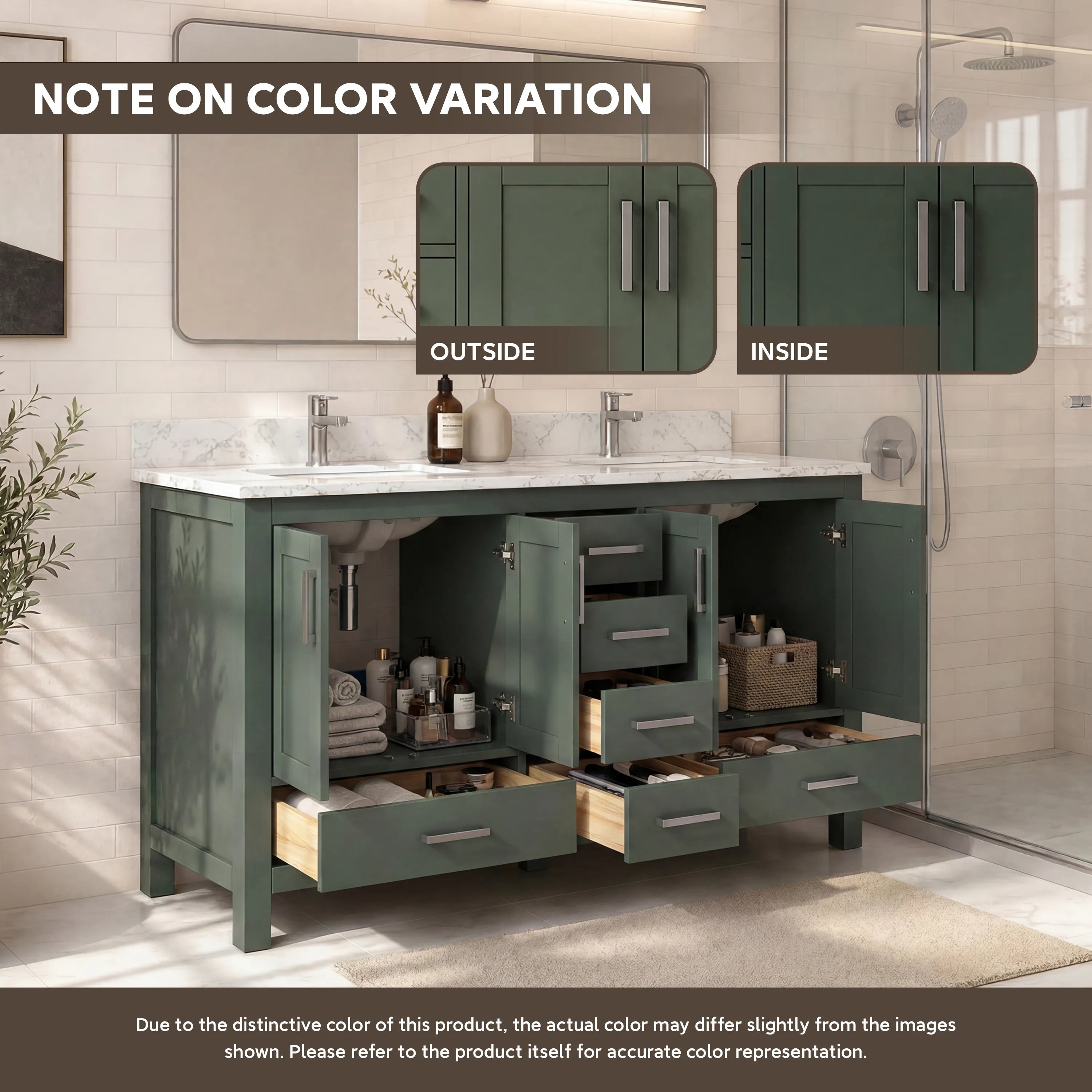 60" Deep Olive Green Double Sink Bathroom Vanity with Engineering Stone Top & 2 Basins