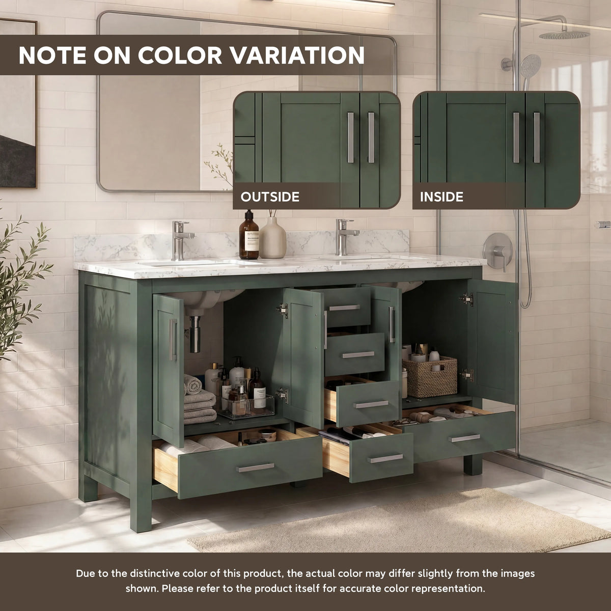 60" Deep Olive Green Double Sink Bathroom Vanity with Engineering Stone Top & 2 Basins