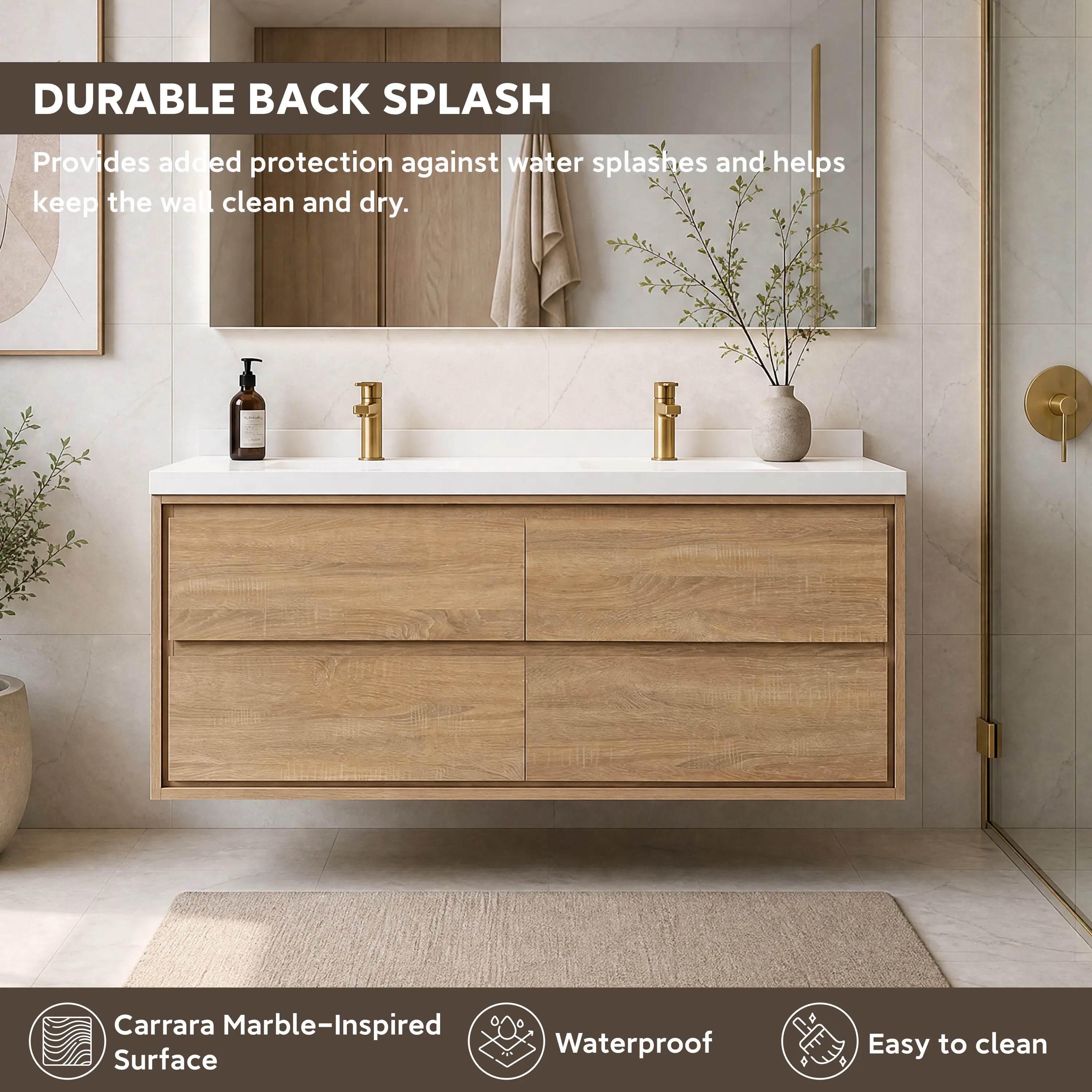 60" Wall-mount Double Sink Bathroom Vanity with Marble Top