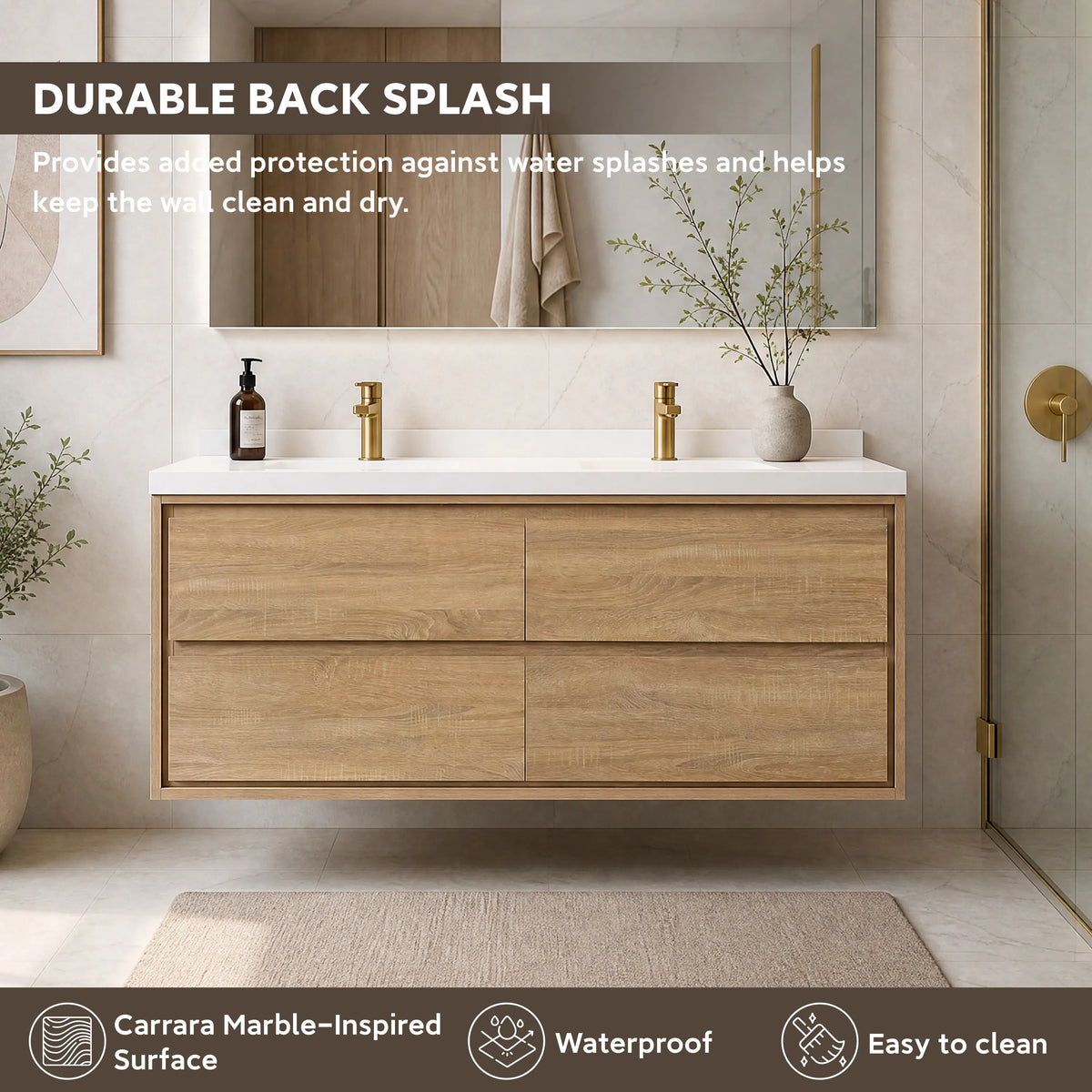 60" Wall-mount Double Sink Bathroom Vanity with Marble Top