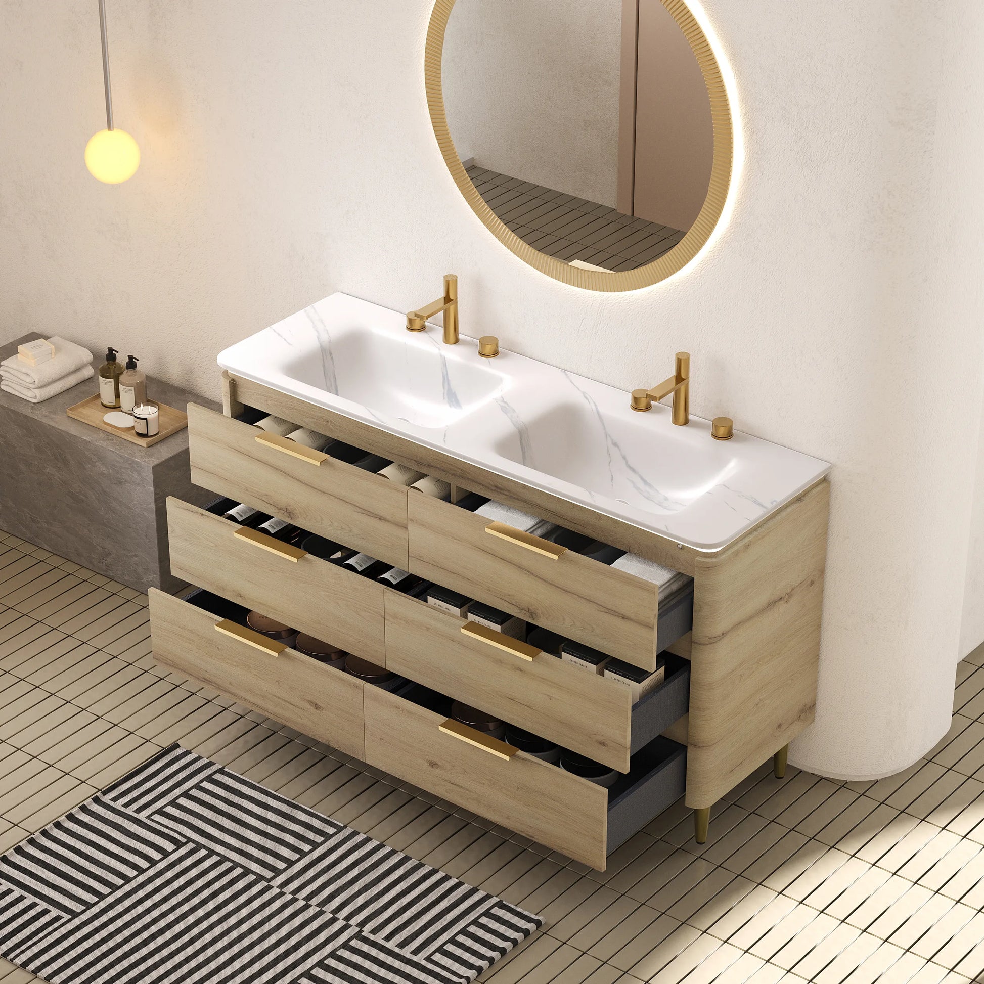 60" White Oak Freestanding Bathroom Vanity with Carrara White Sintered Stone Integrated Basin and LED Sensor Light