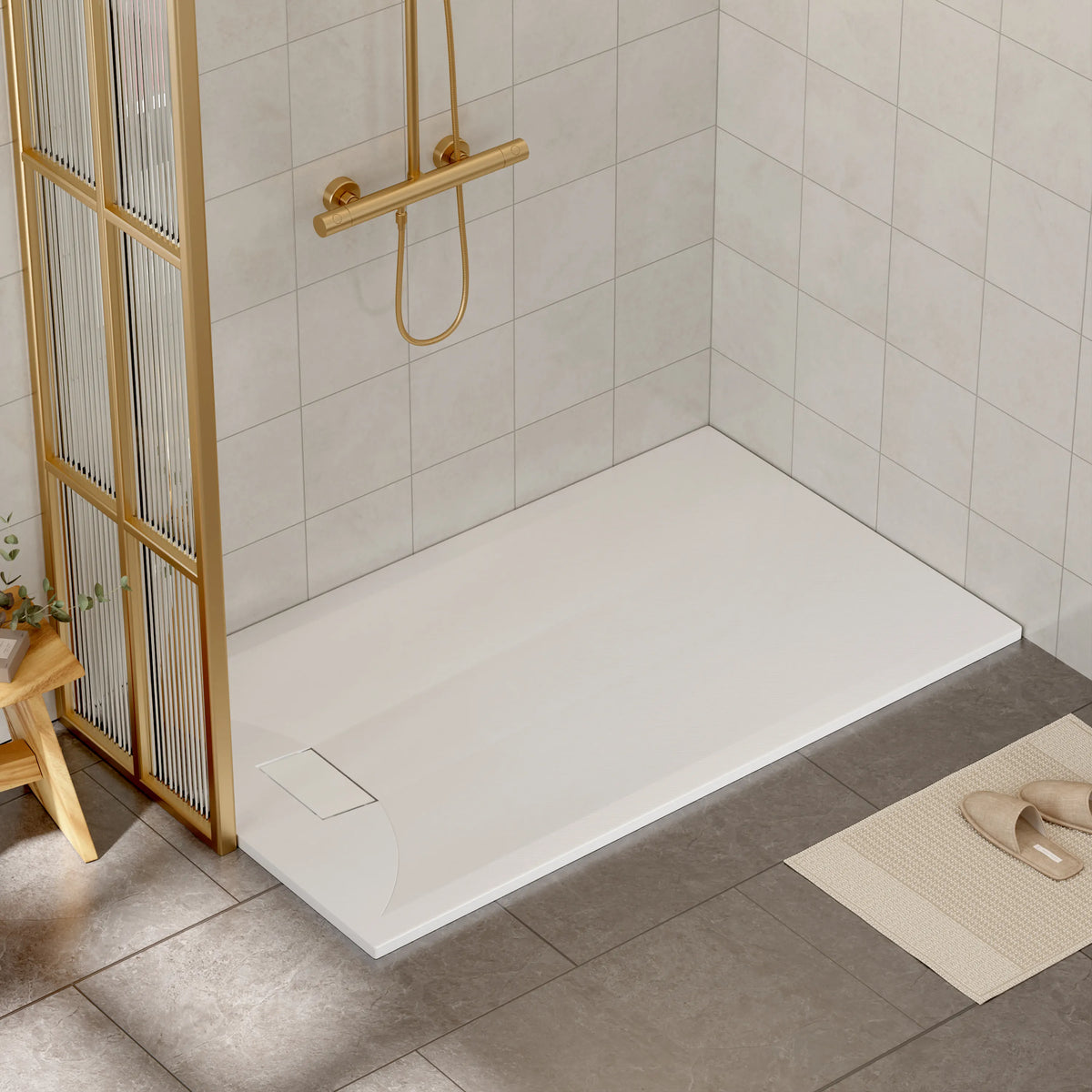 60"x32"/36" Curbless SMC Shower Base with Flamed Rock Slip-Resistant Surface, Reversible Drain