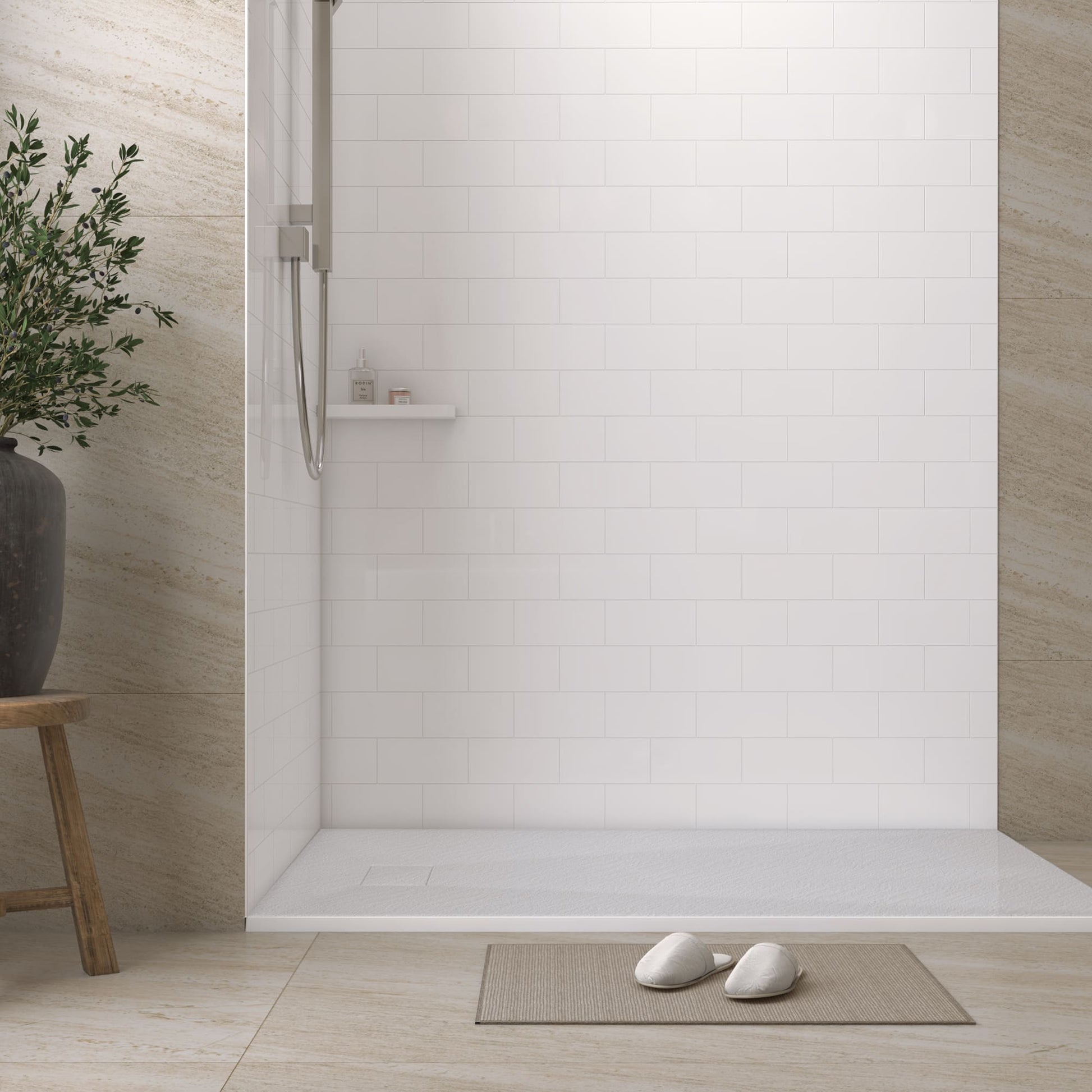 60"x32"x96" SMC Shower Wall Panel Kit with Small Subway Tile Pattern with Matte White / Glossy White Finish
