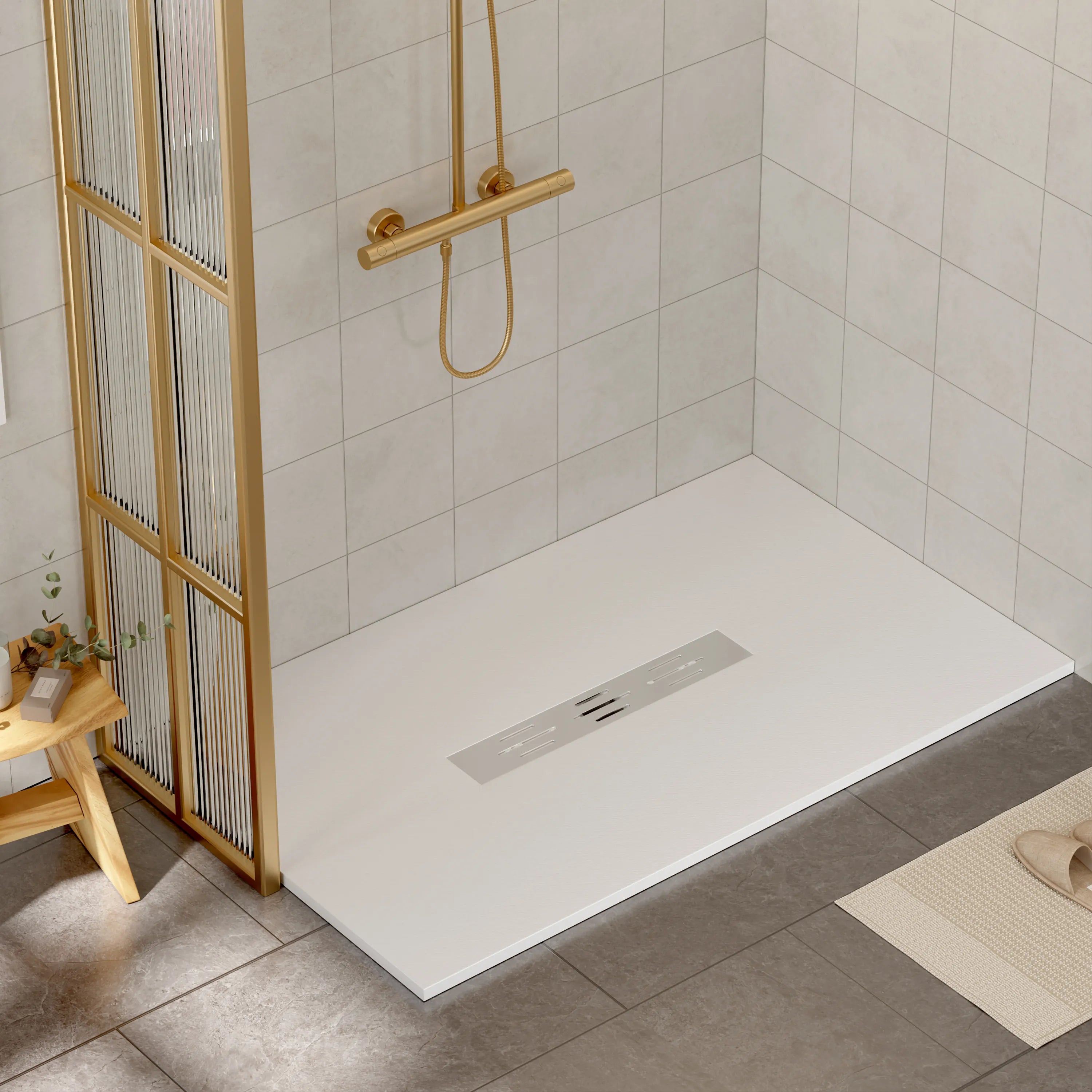 60"x36" White/Calacatta Curbless SMC Shower Base with Flamed Rock Slip-Resistant Surface, Center Drain
