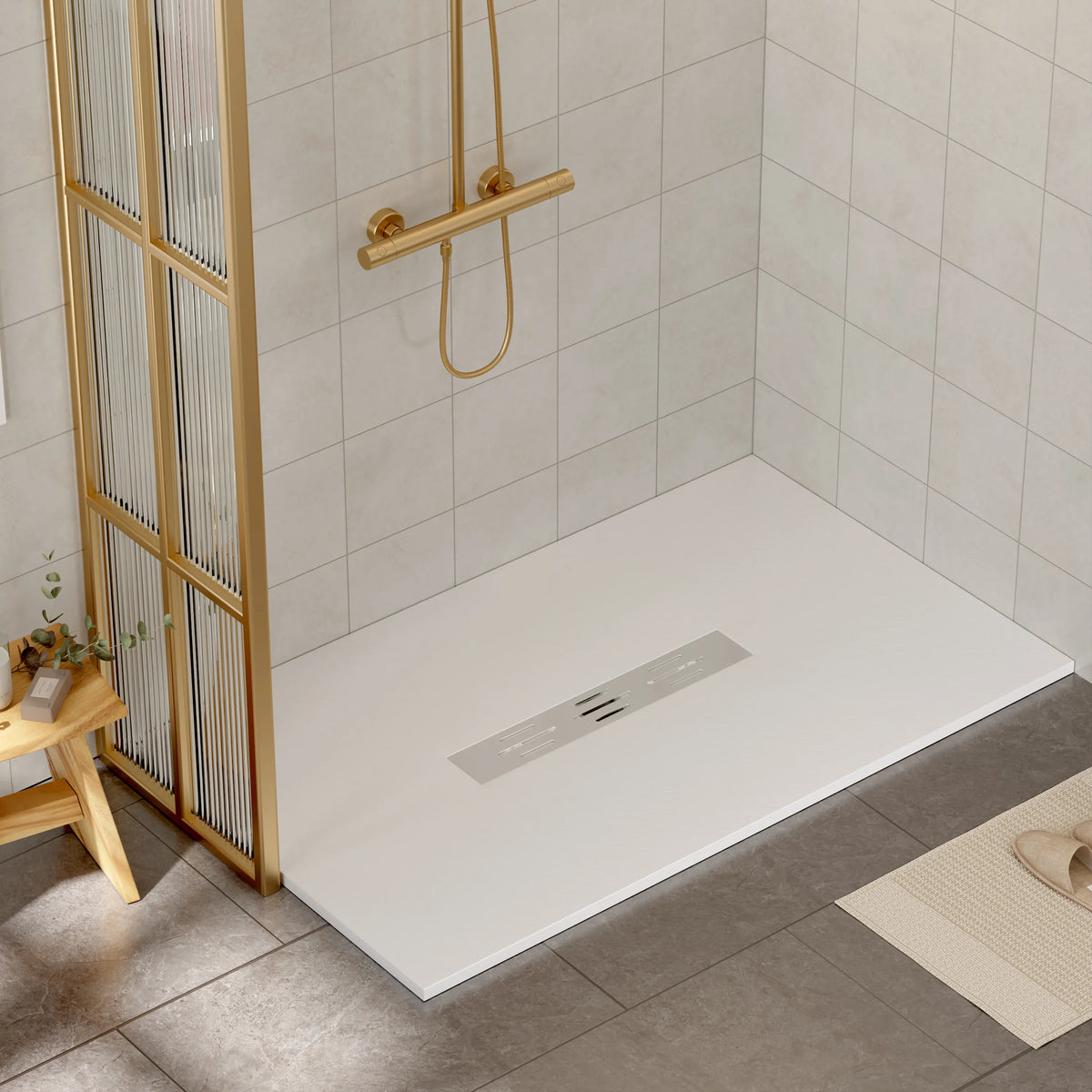 60"x36" White/Calacatta Curbless SMC Shower Base with Flamed Rock Slip-Resistant Surface, Center Drain