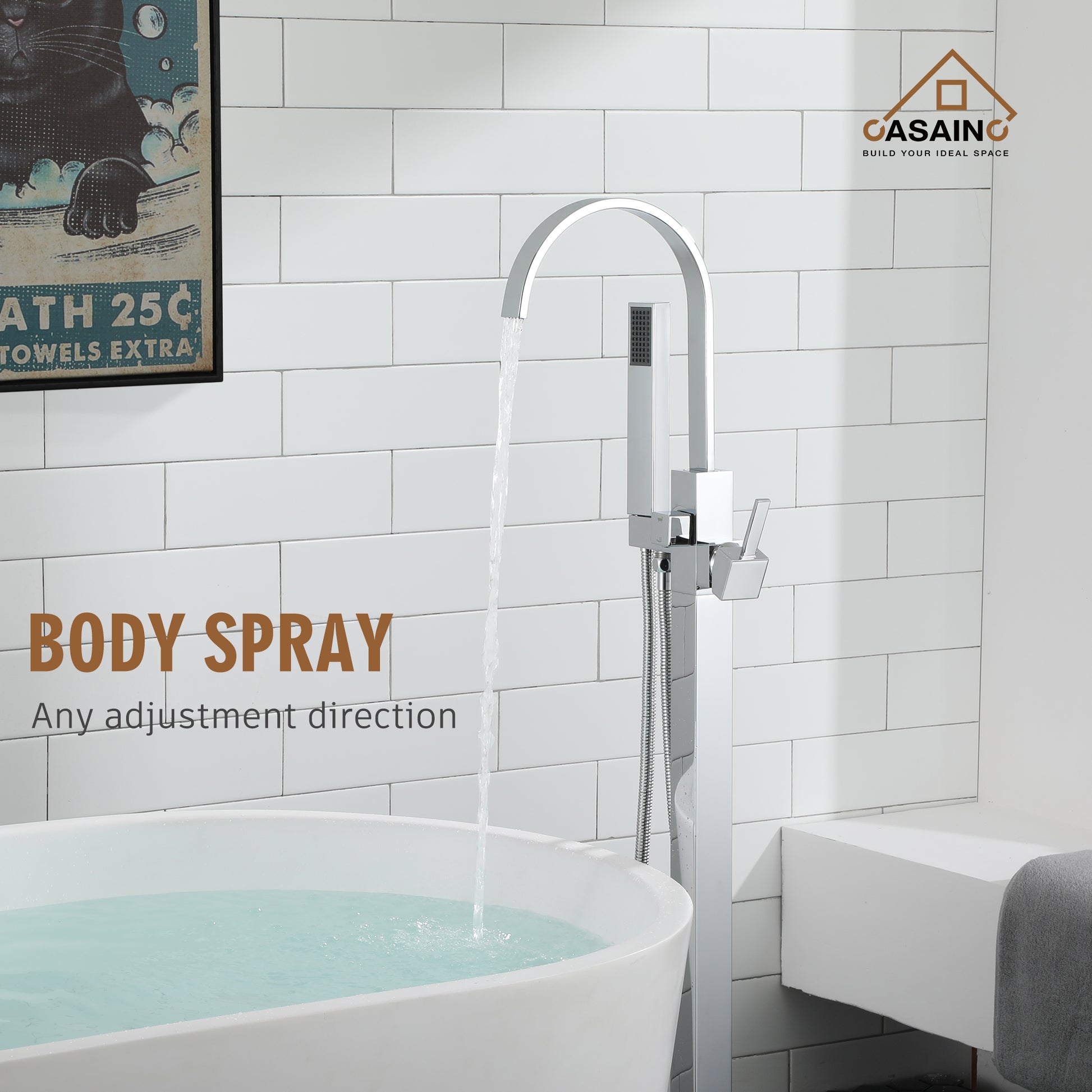 Floor Mount High Arc Bathtub Faucet with Ceramic Filter and Hand Shower