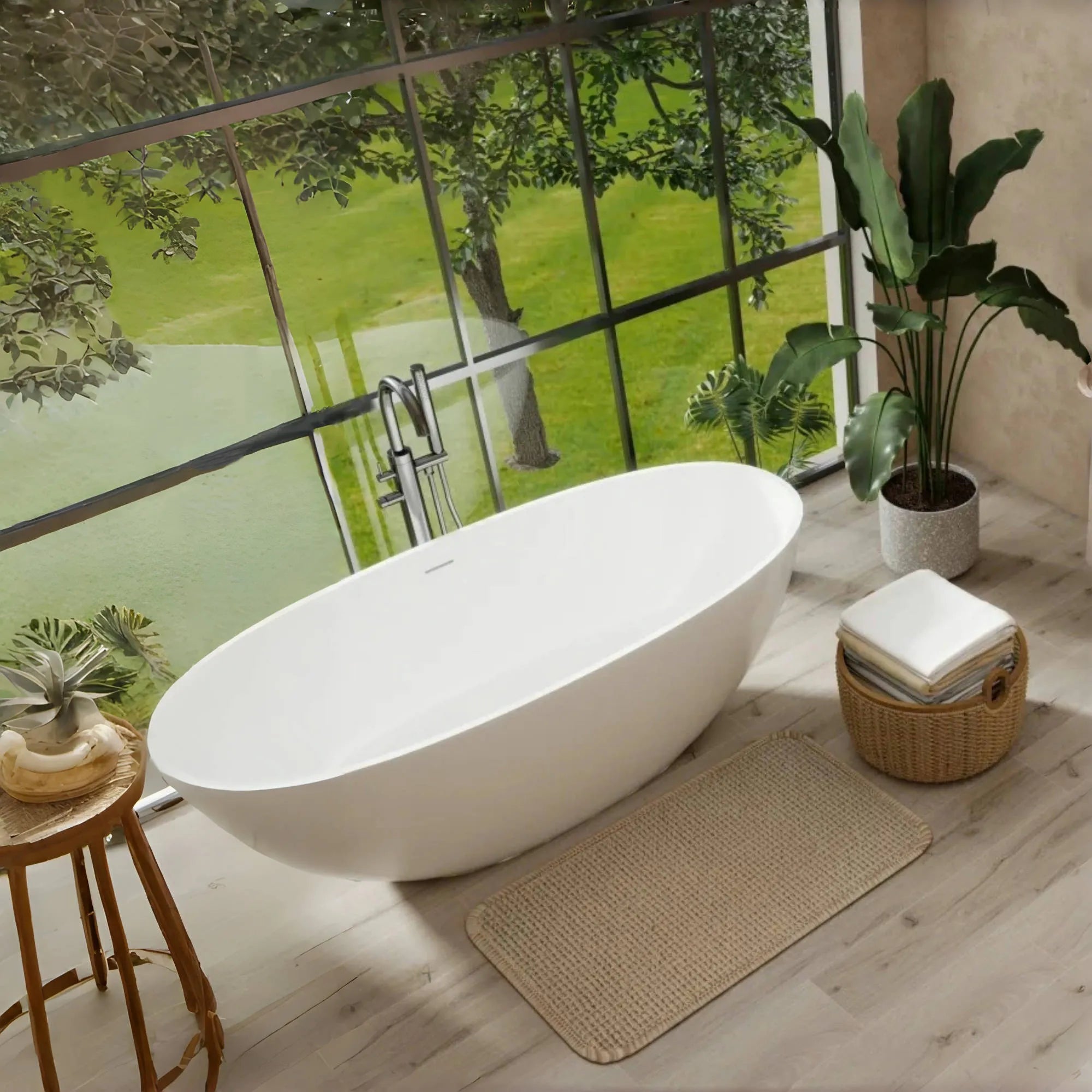 65" Oval Stone Resin Freestanding Soaking Tub with Ergonomic Design