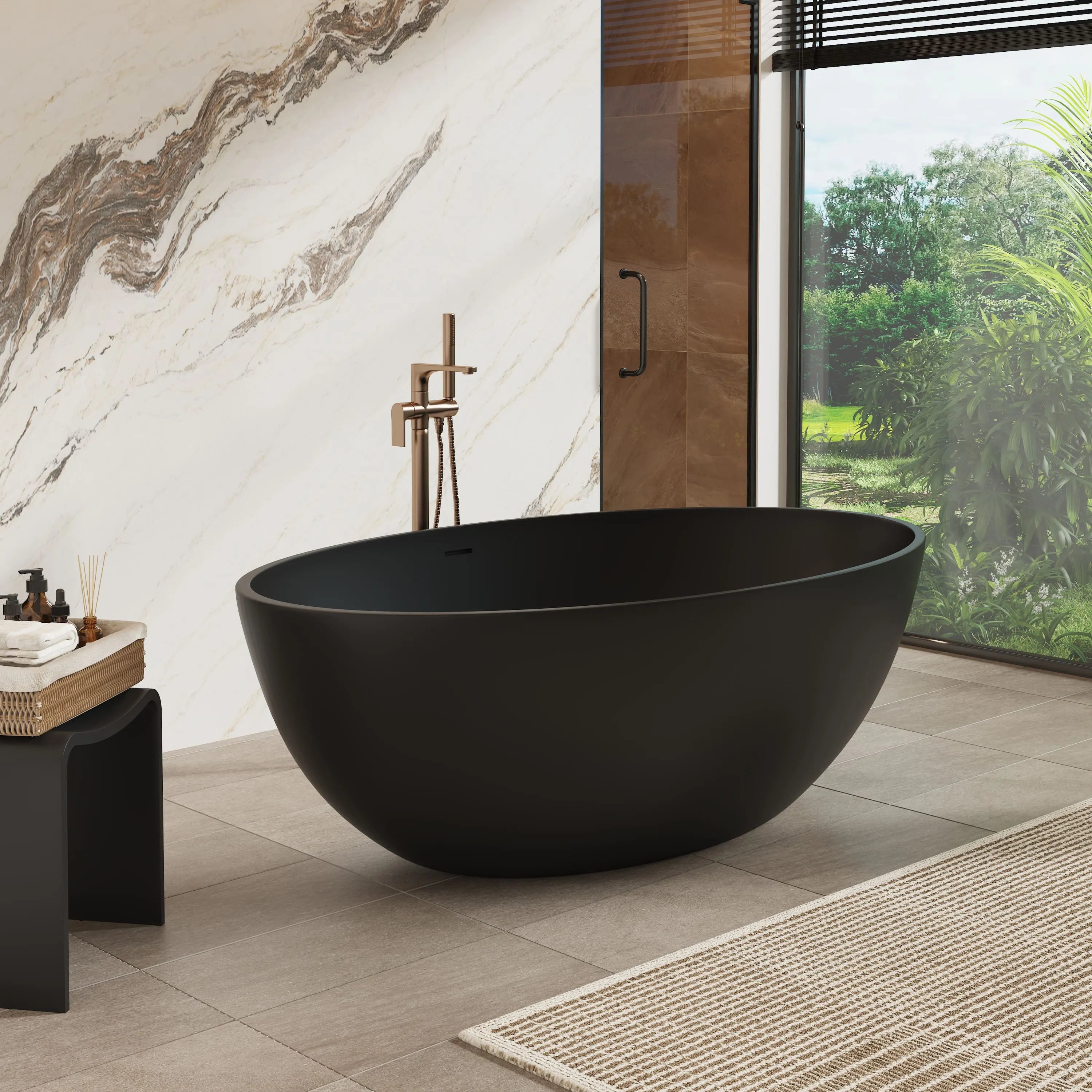 67" Matte Black Oval Solid Surface Freestanding Bathtub with Overflow and Central Drain