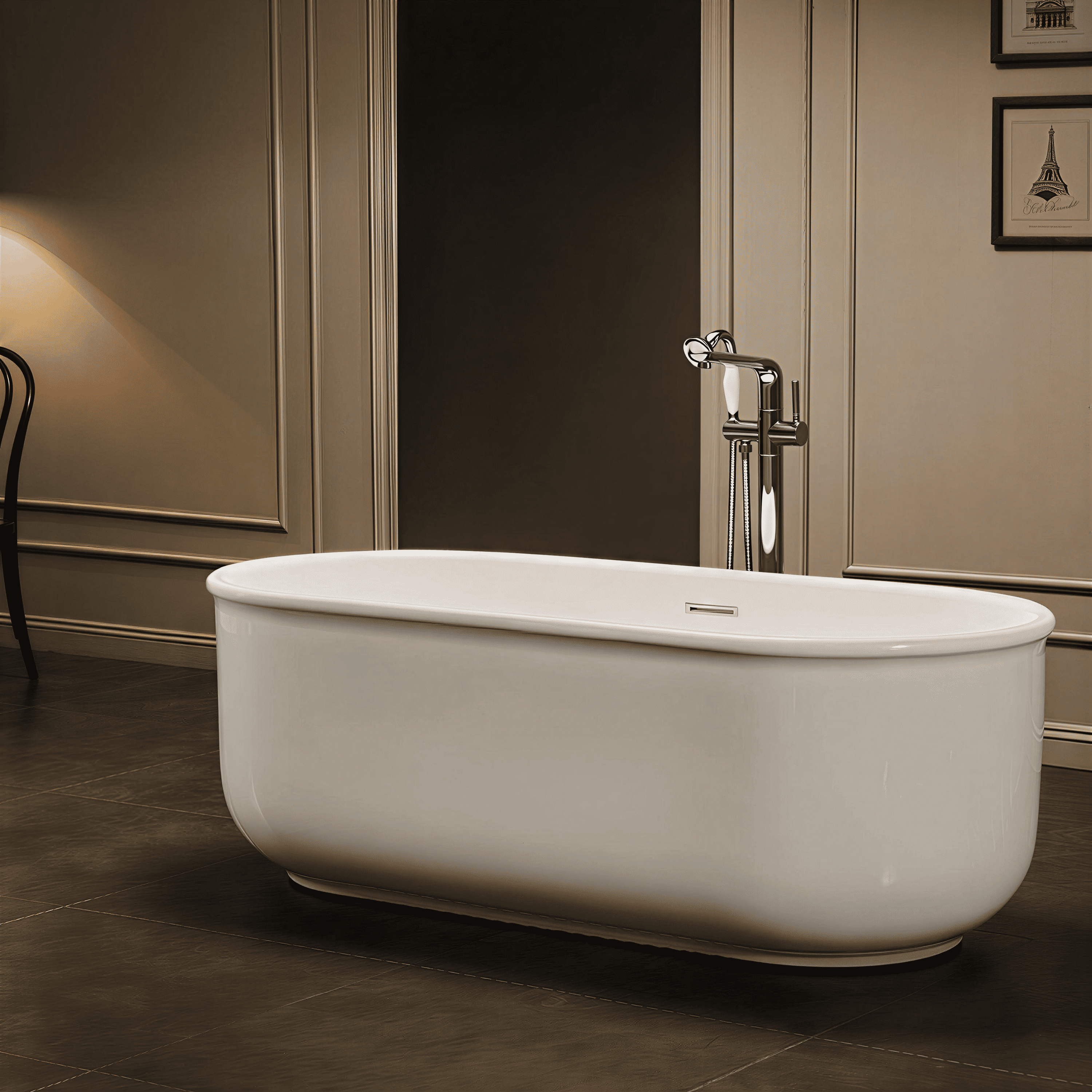 67 in. Glossy White Acrylic Freestanding Oval Soaking Bathtub with Overflow Drain and Adjustable Feet