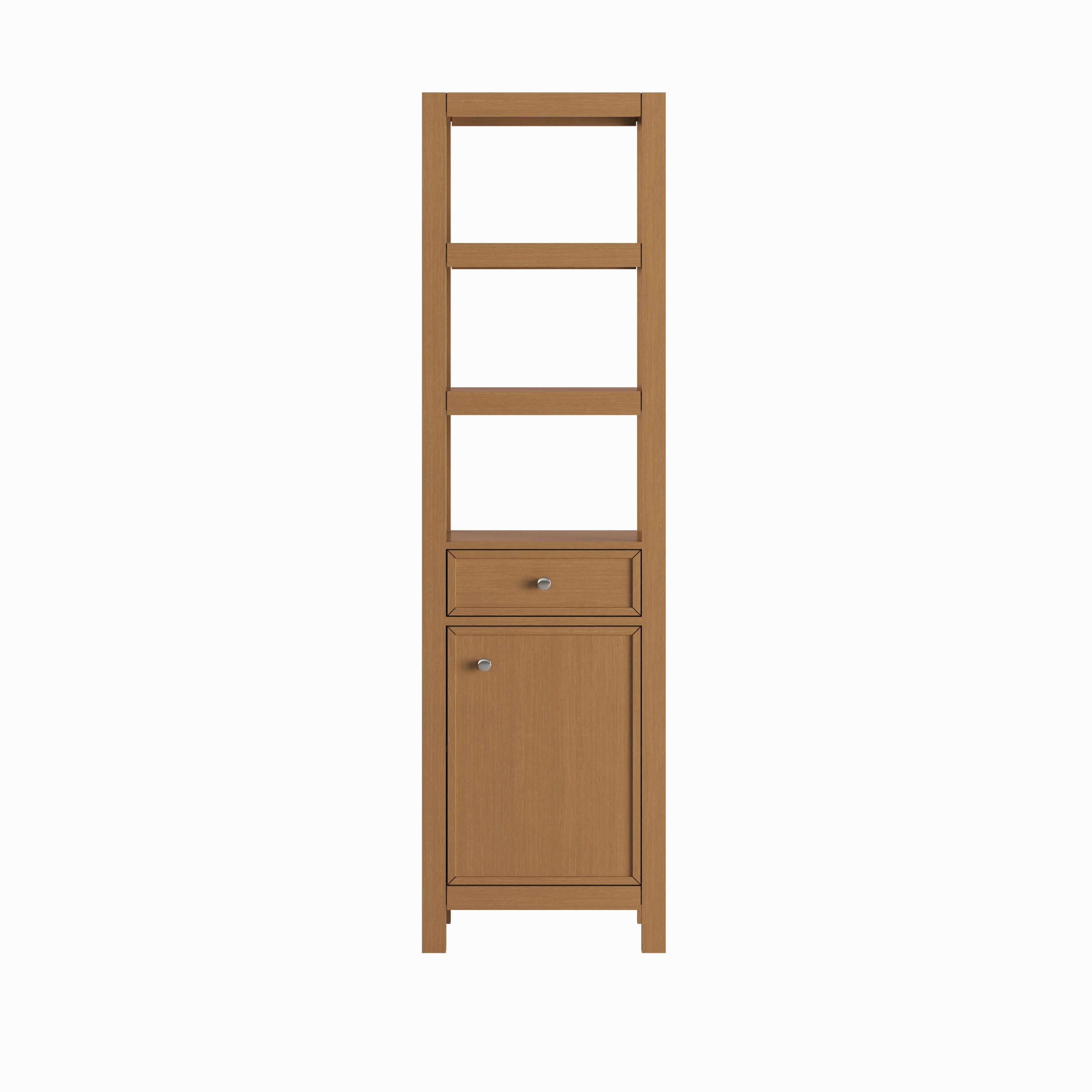 71" Height White Oak Grain Tall Bathroom Side Cabinet with Open Shelves and Drawer
