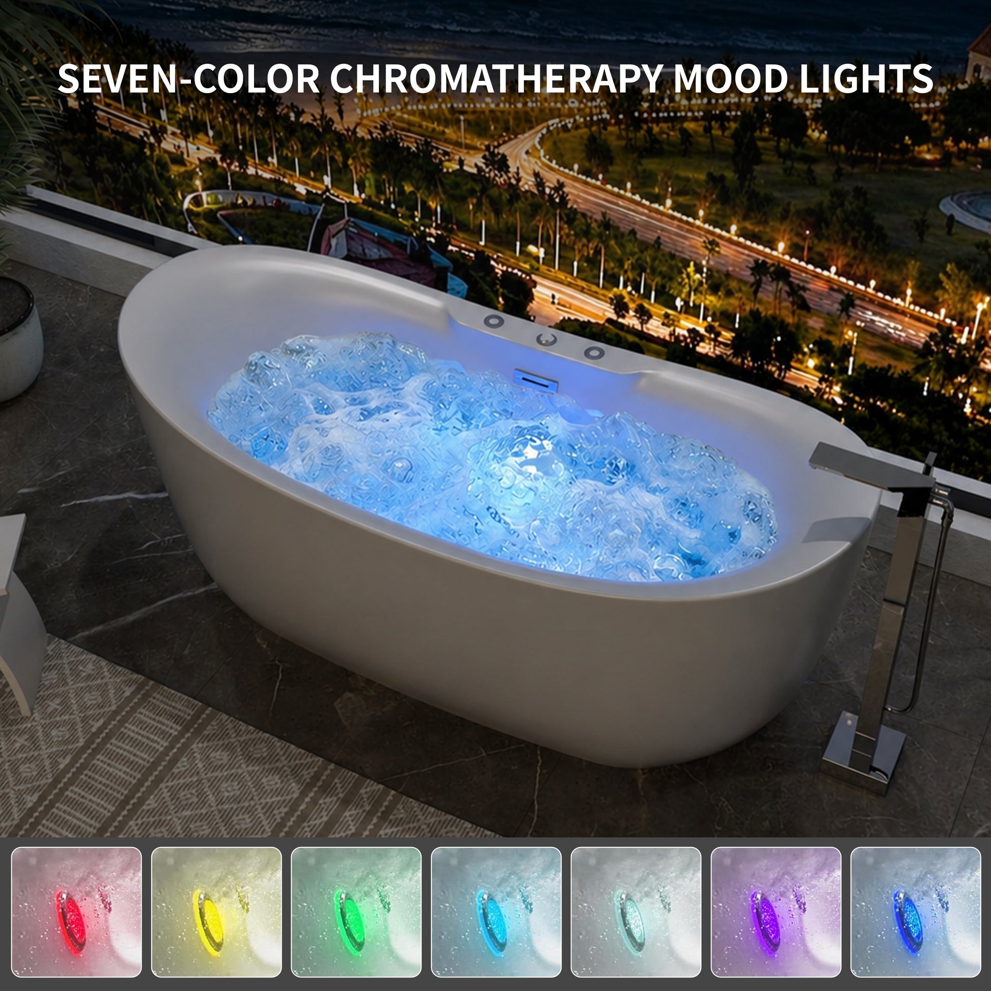 CasaCrylic 71" Freestanding Oval Whirlpool Baths with Water Jets & Chromotherapy Lights