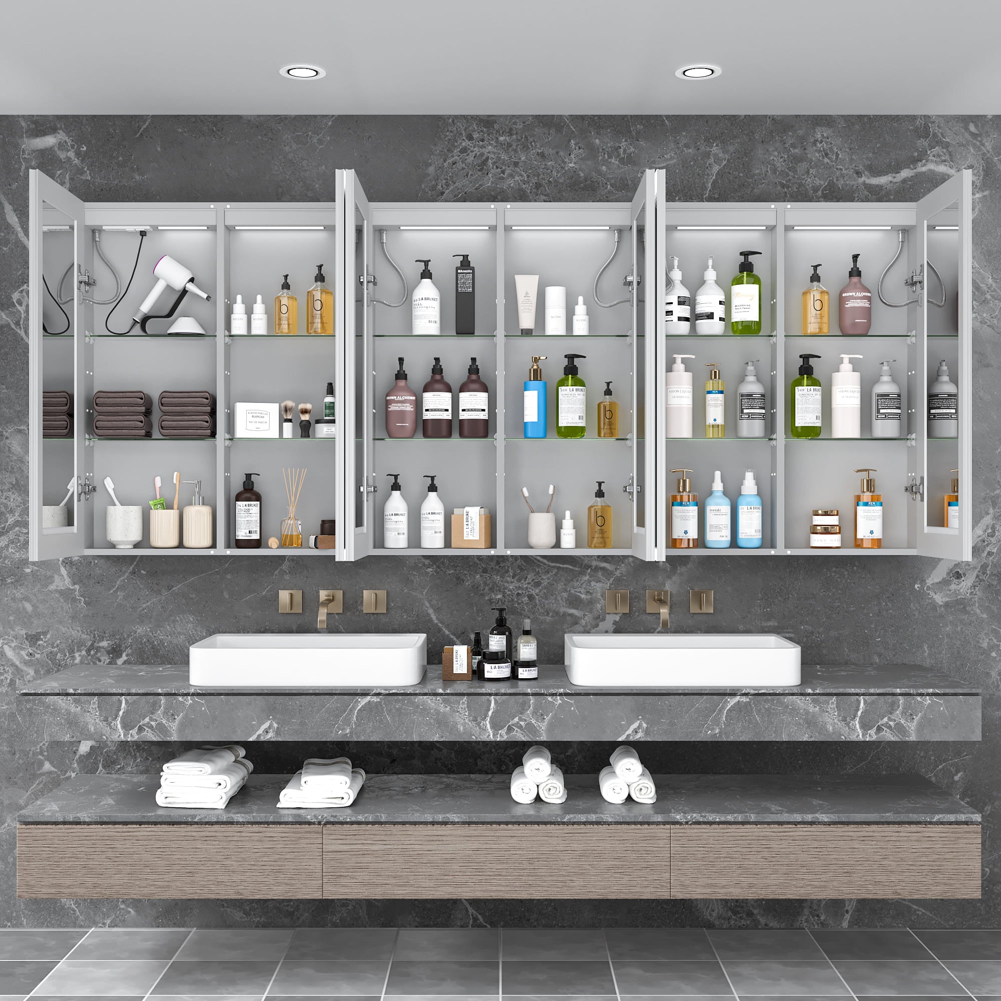 96" x 40" Aluminum Medicine Cabinet with LED Mirror, Anti-Fog, 3 Color Temperatures