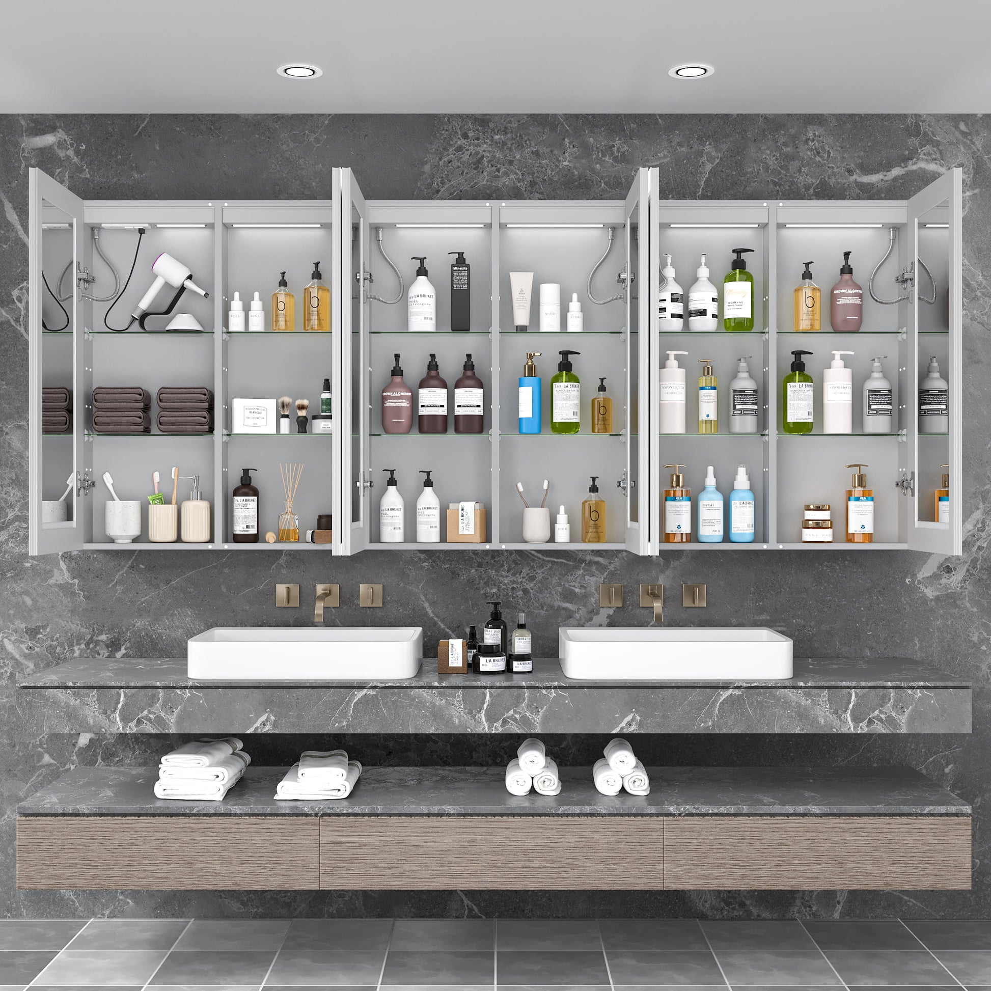 96" x 40" Aluminum Medicine Cabinet with LED Mirror, Anti-Fog, 3 Color Temperatures