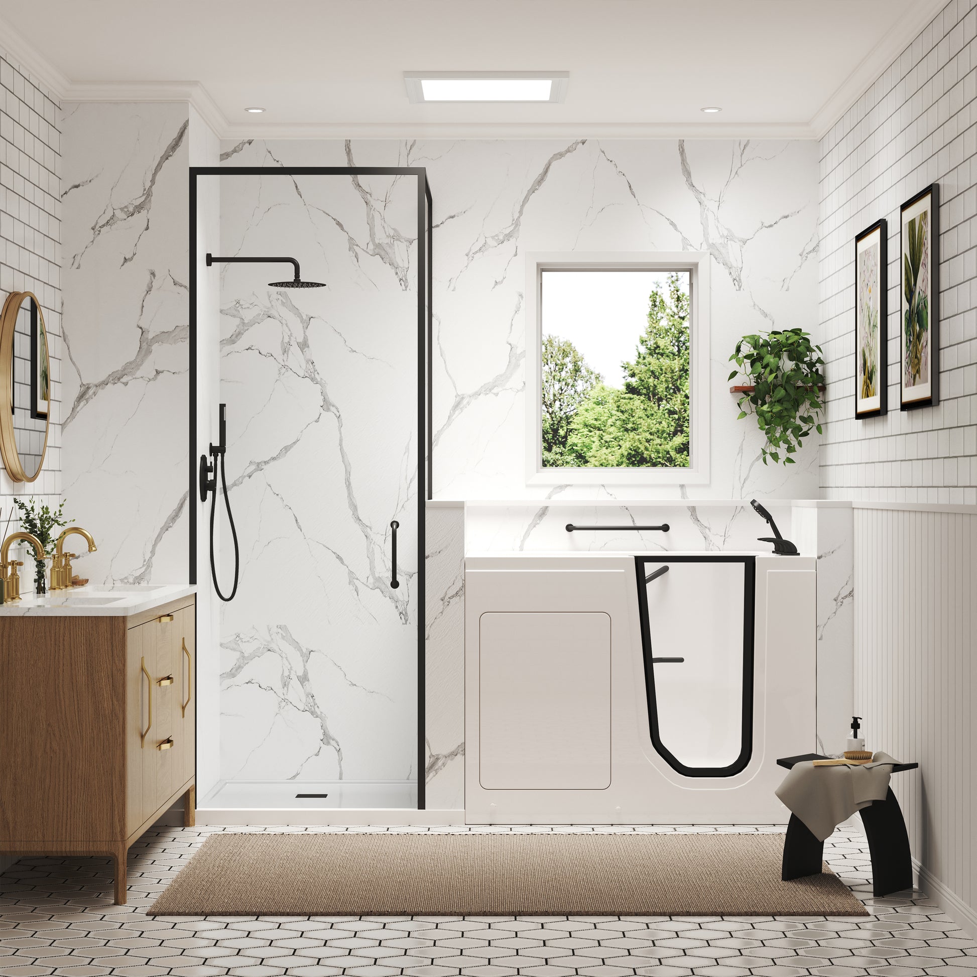 49" Glossy White Acrylic Walk-In Soaking Bathtub with High-Flow Faucet