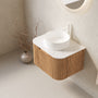 Floating Bathroom Vanity with Curved Edges, Fluted Drawer Fronts, Carrara Sintered Stone Top and Round Ceramic Vessel Sink, Natural Woodgrain / Dark Walnut