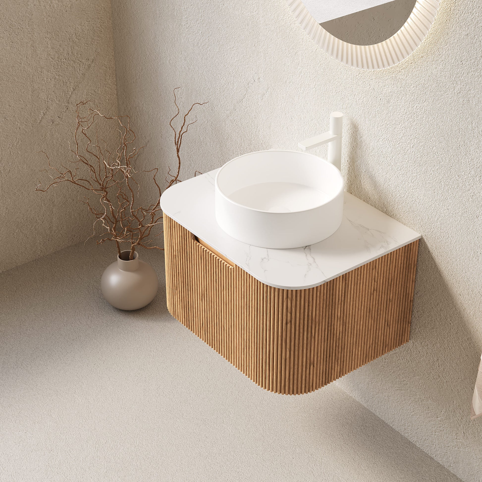 Floating Bathroom Vanity with Curved Edges, Fluted Drawer Fronts, Carrara Sintered Stone Top and Round Ceramic Vessel Sink, Natural Woodgrain / Dark Walnut