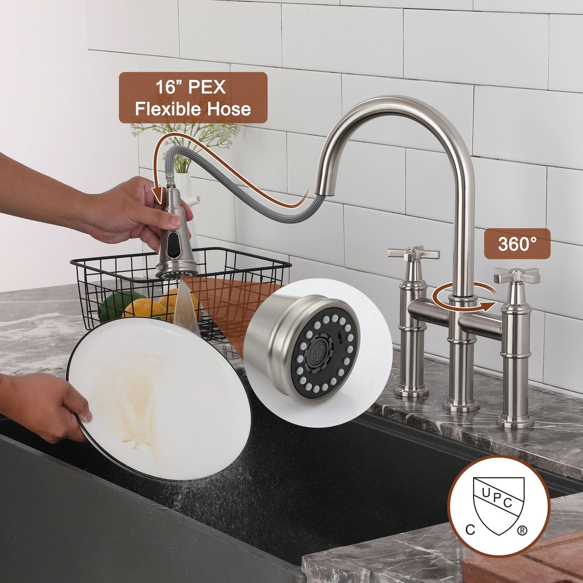 2 Handle 3-Hole Widespread Kitchen Faucet with 3-Mode Aerator and 360° Swivel Spout