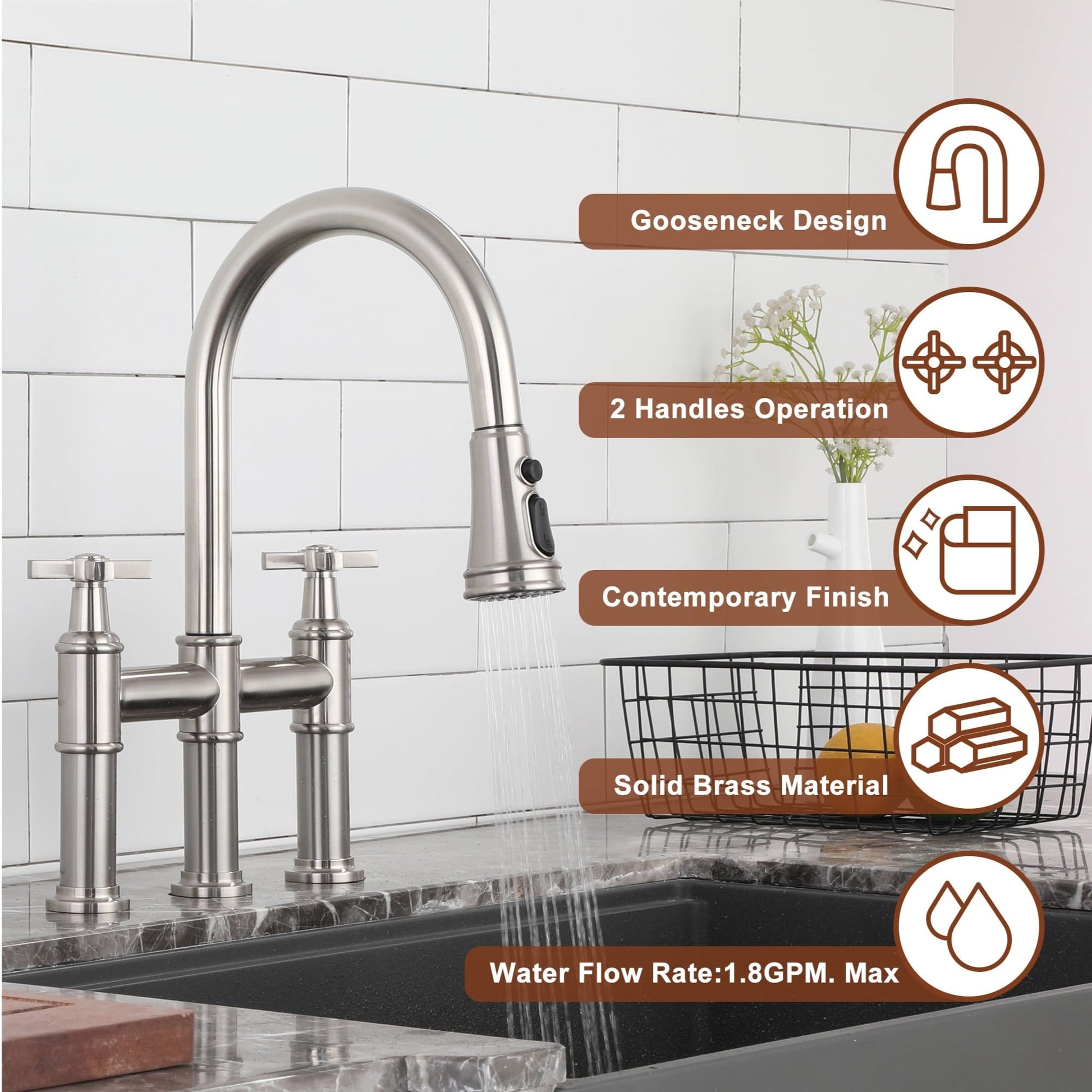 2 Handle 3-Hole Widespread Kitchen Faucet with 3-Mode Aerator and 360° Swivel Spout 4