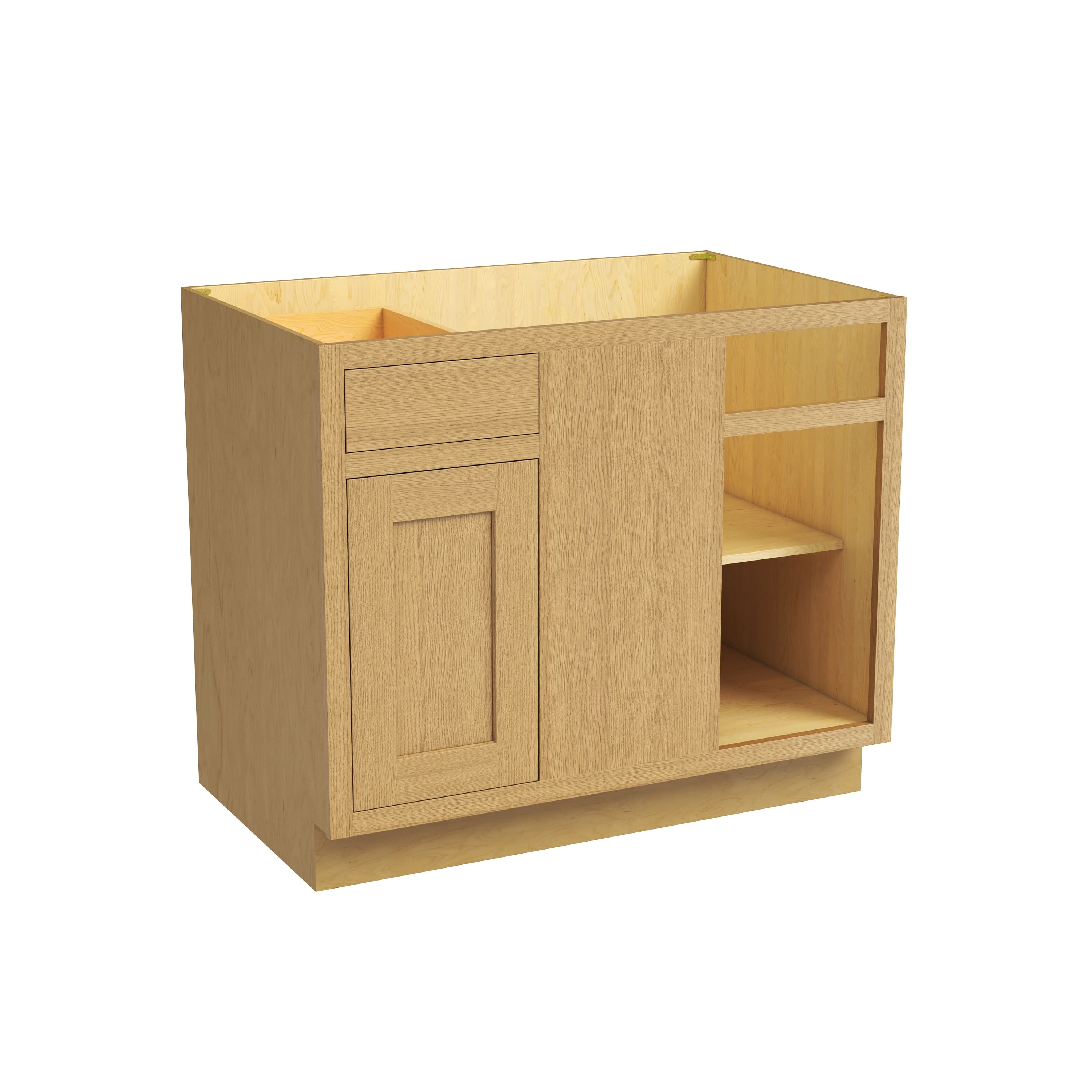Inset Hazelnut Oak RTA 40-46"W x 34.5"H x 25"D 3-Size Blind Corner Base Cabinet with 1 Door, 1 Drawer and 1 Shelf