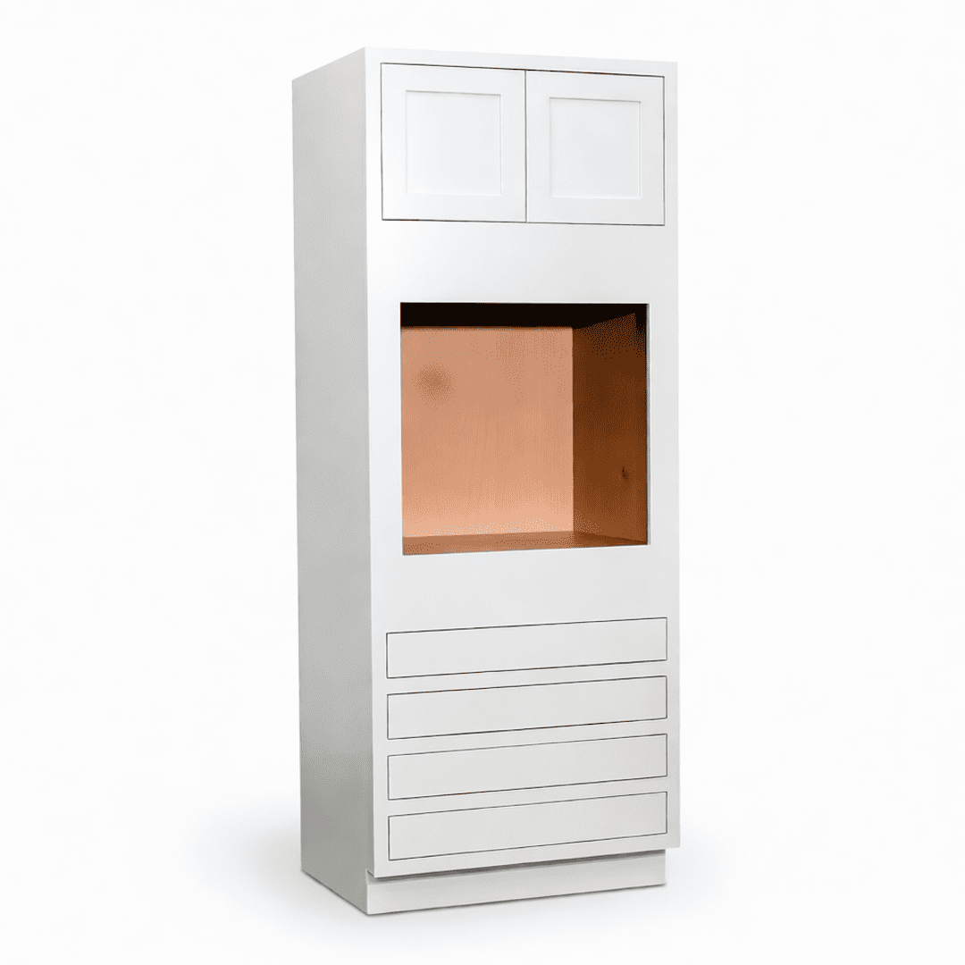 Inset Origami White RTA 33"W x 84-96"H x 25"D 3-Size Pantry Cabinet with Oven Opening, 4 Drawers and 2 Doors