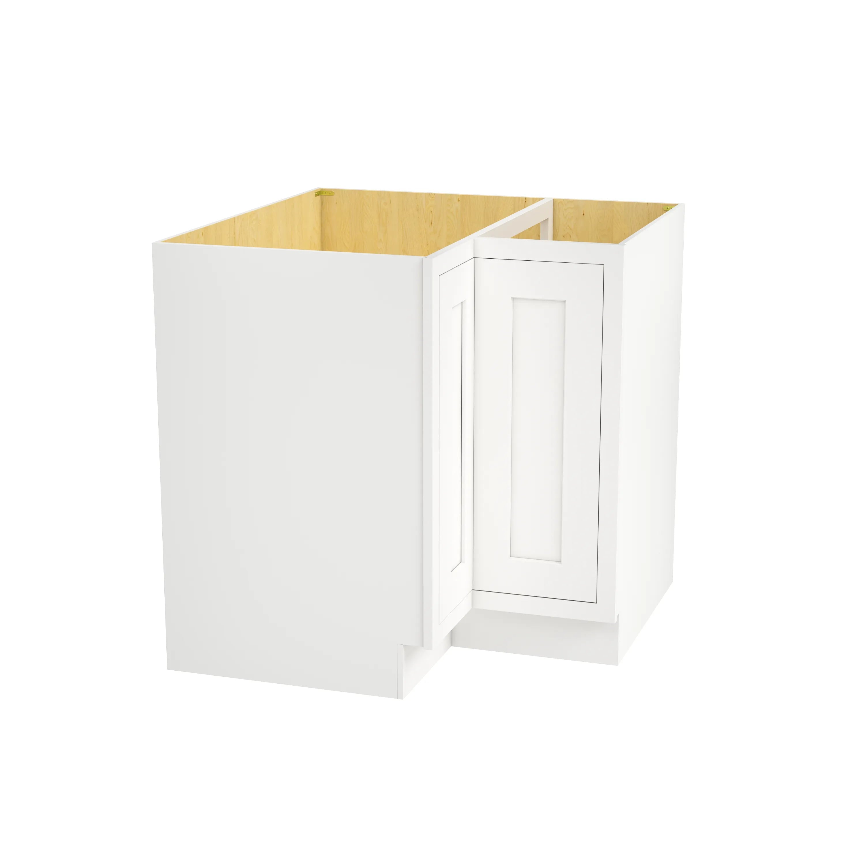 Inset Origami White RTA 34-37"W x 34.5"H x 25"D 2-Size Lazy Susan Base Cabinet with Pull-out Shelf and Bi-fold Door