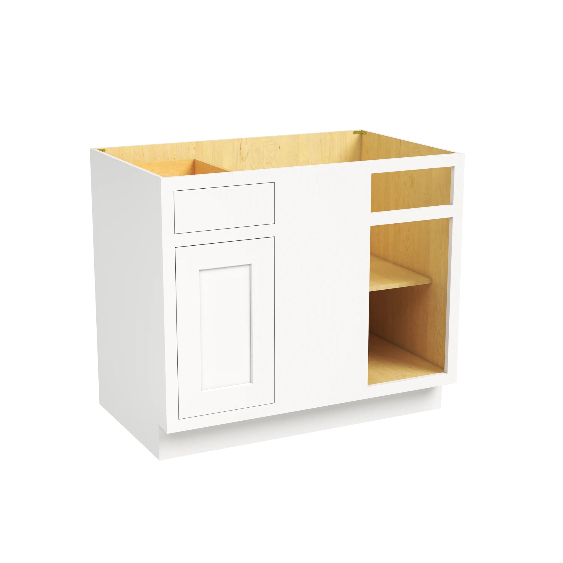 Inset Origami White RTA 40-46"W x 34.5"H x 25"D 3-Size Blind Corner Base Cabinet with 1 Door, 1 Drawer and 1 Shelf