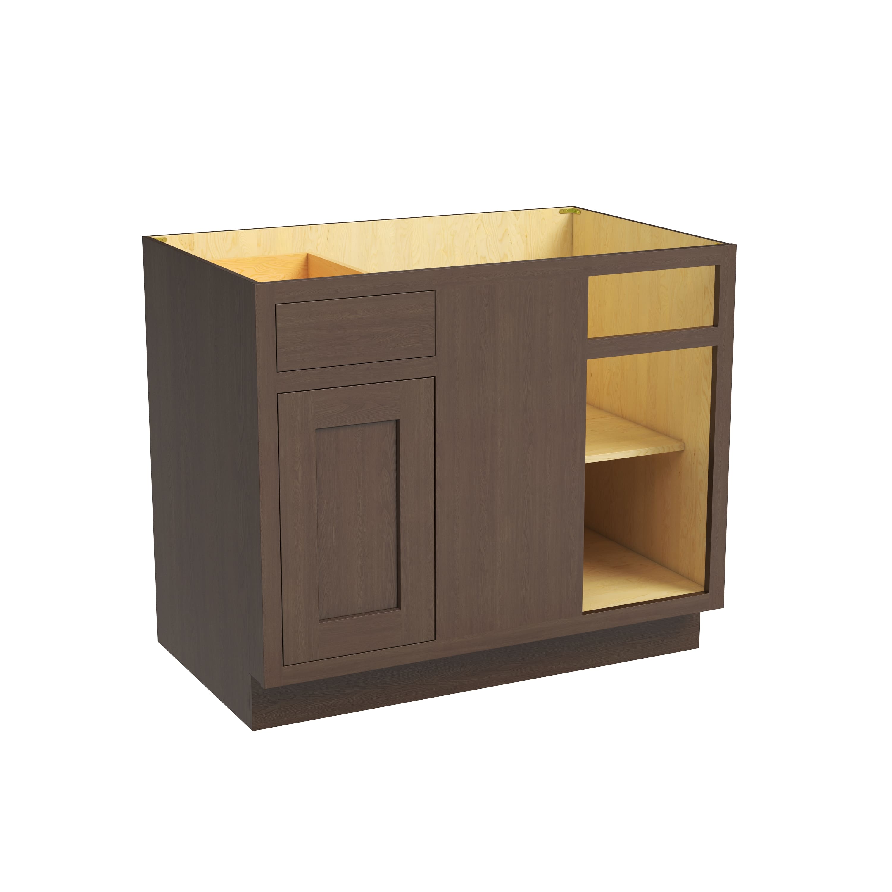 Inset Truffle Brown RTA 40-46"W x 34.5"H x 25"D 3-Size Blind Corner Base Cabinet with 1 Door, 1 Drawer and 1 Shelf