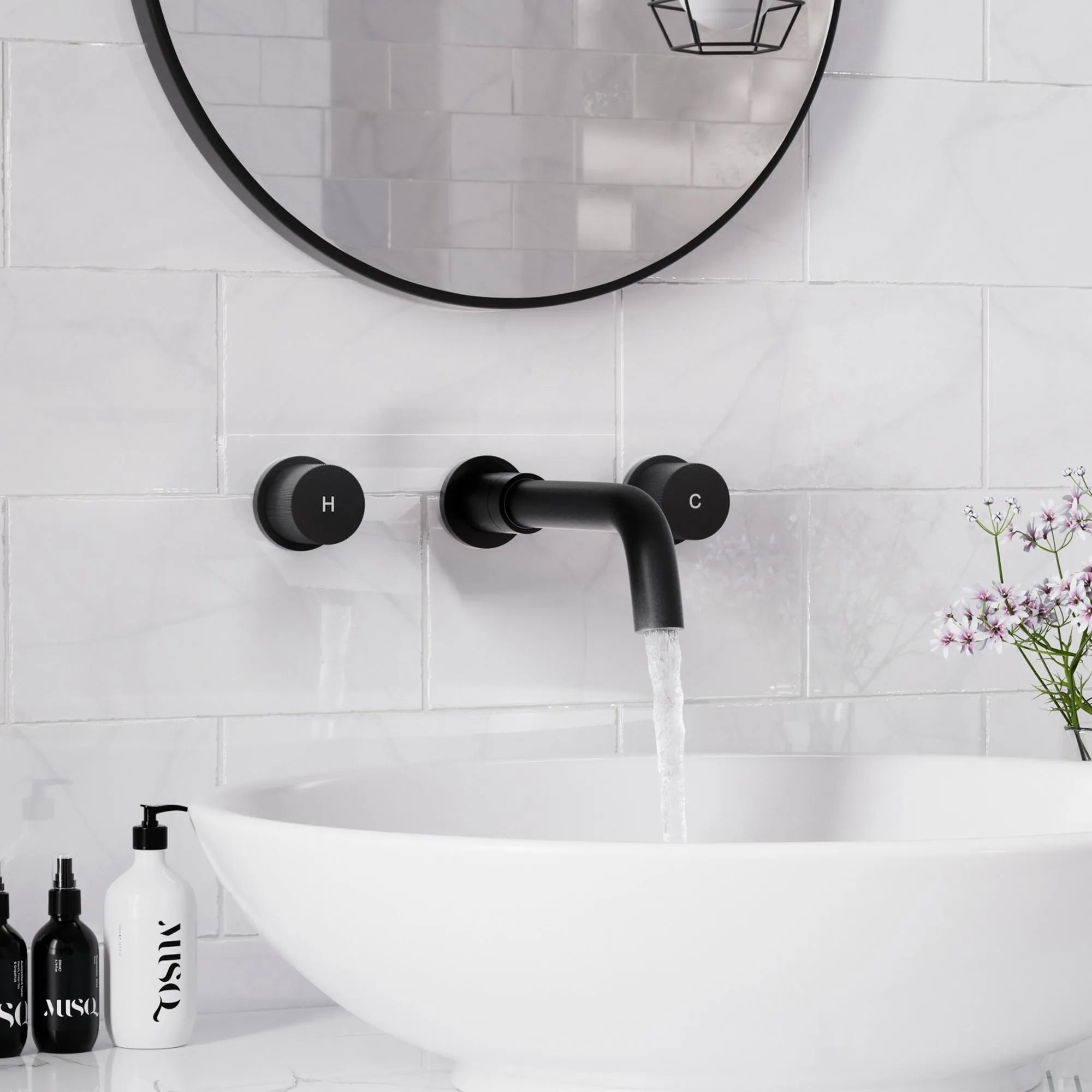 Matte Black 2-Handle Wall-Mounted Bathroom Basin Faucet with 360° Swivel Spout