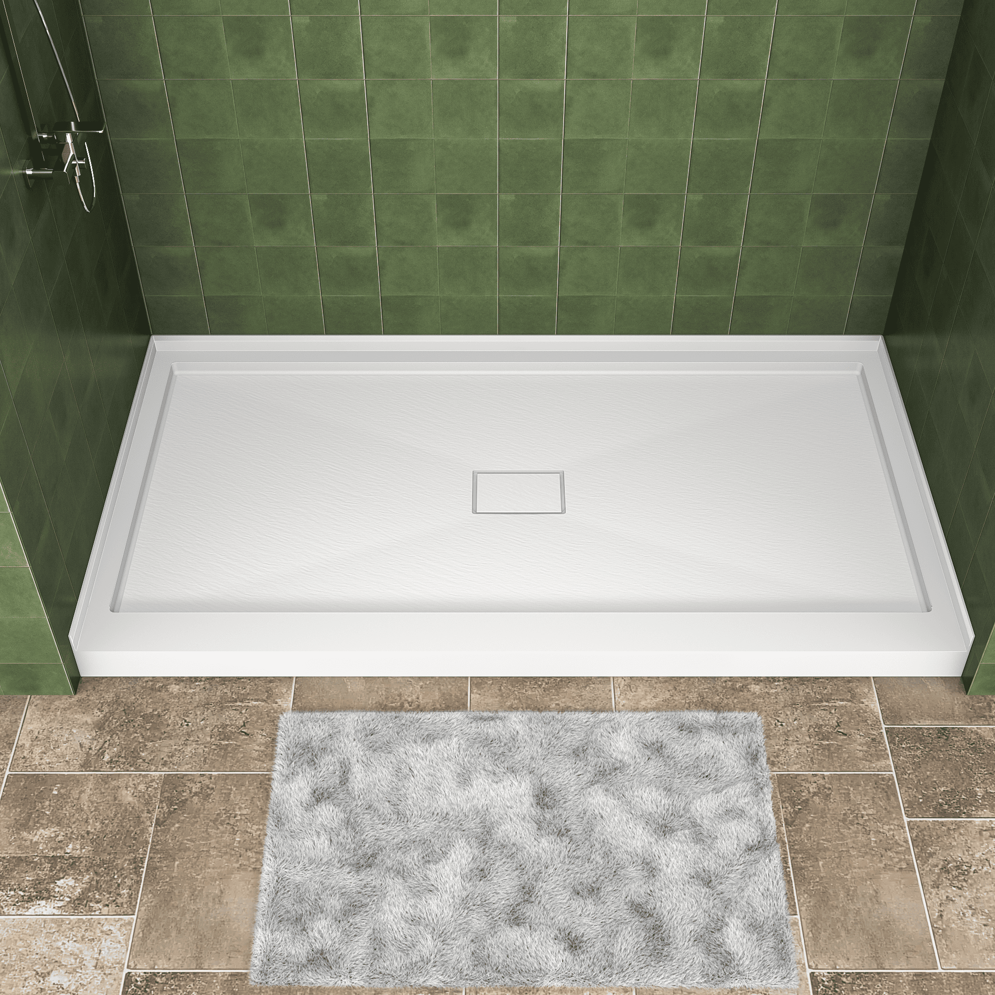 One-piece White Shower Base with Flamed Rock Slip-Resistant Surface, Center Drain